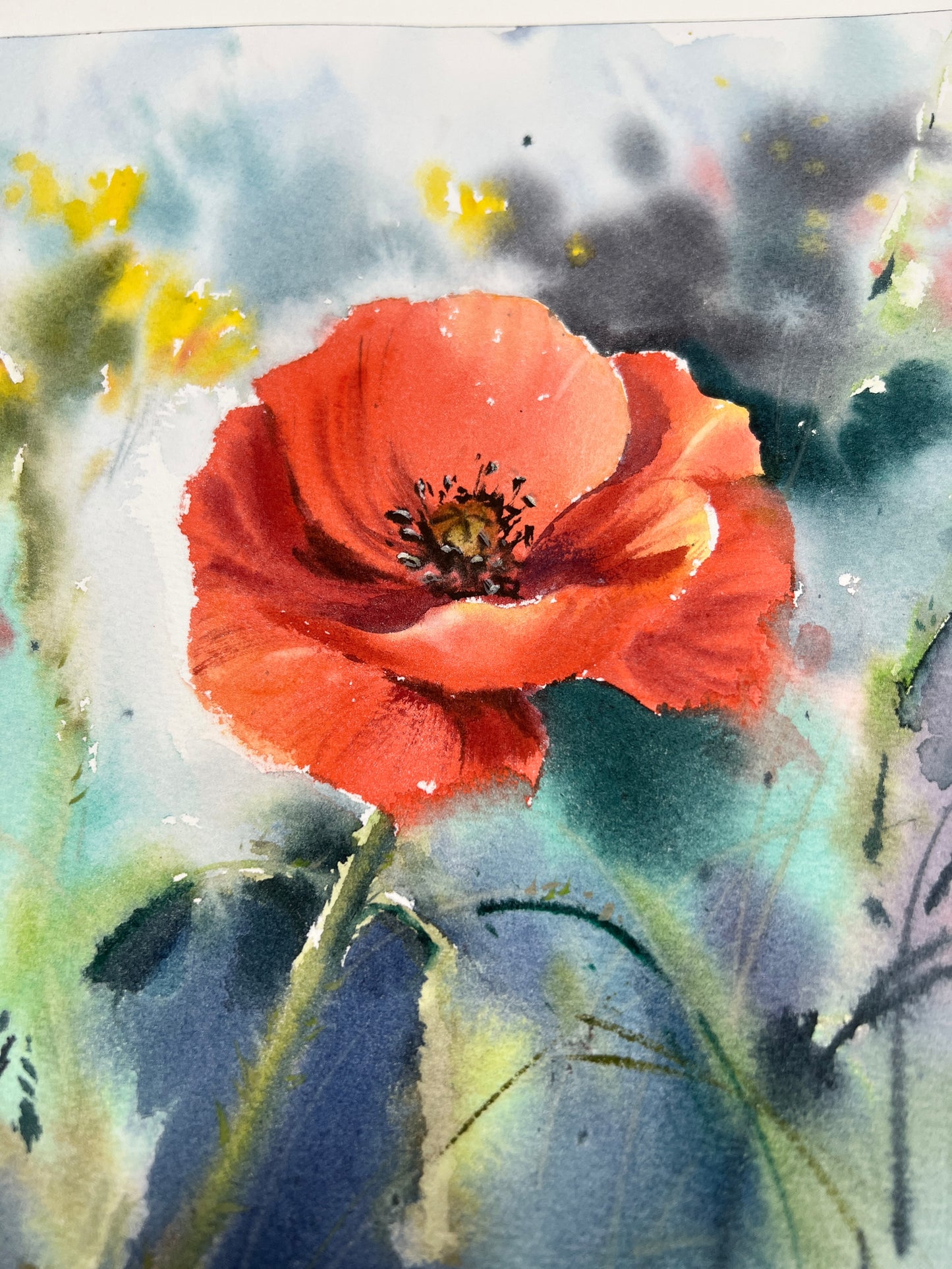 Red Poppy Flower Watercolor Painting, Original Artwork, Botanical Floral Abstract, Gift, 12x9"