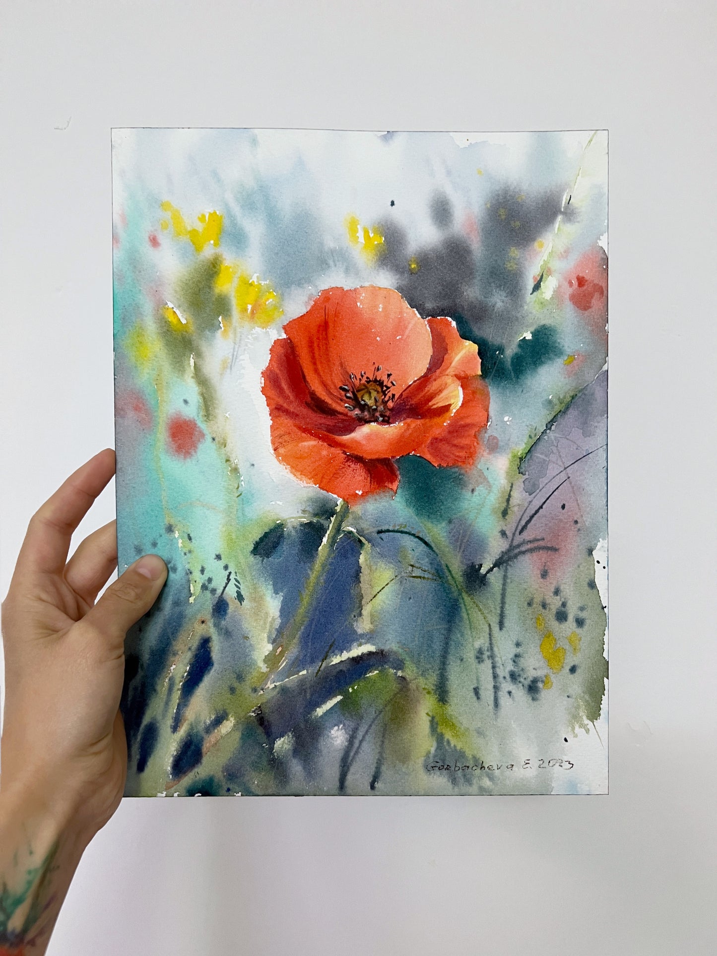 Red Poppy Flower Watercolor Painting, Original Artwork, Botanical Floral Abstract, Gift, 12x9"