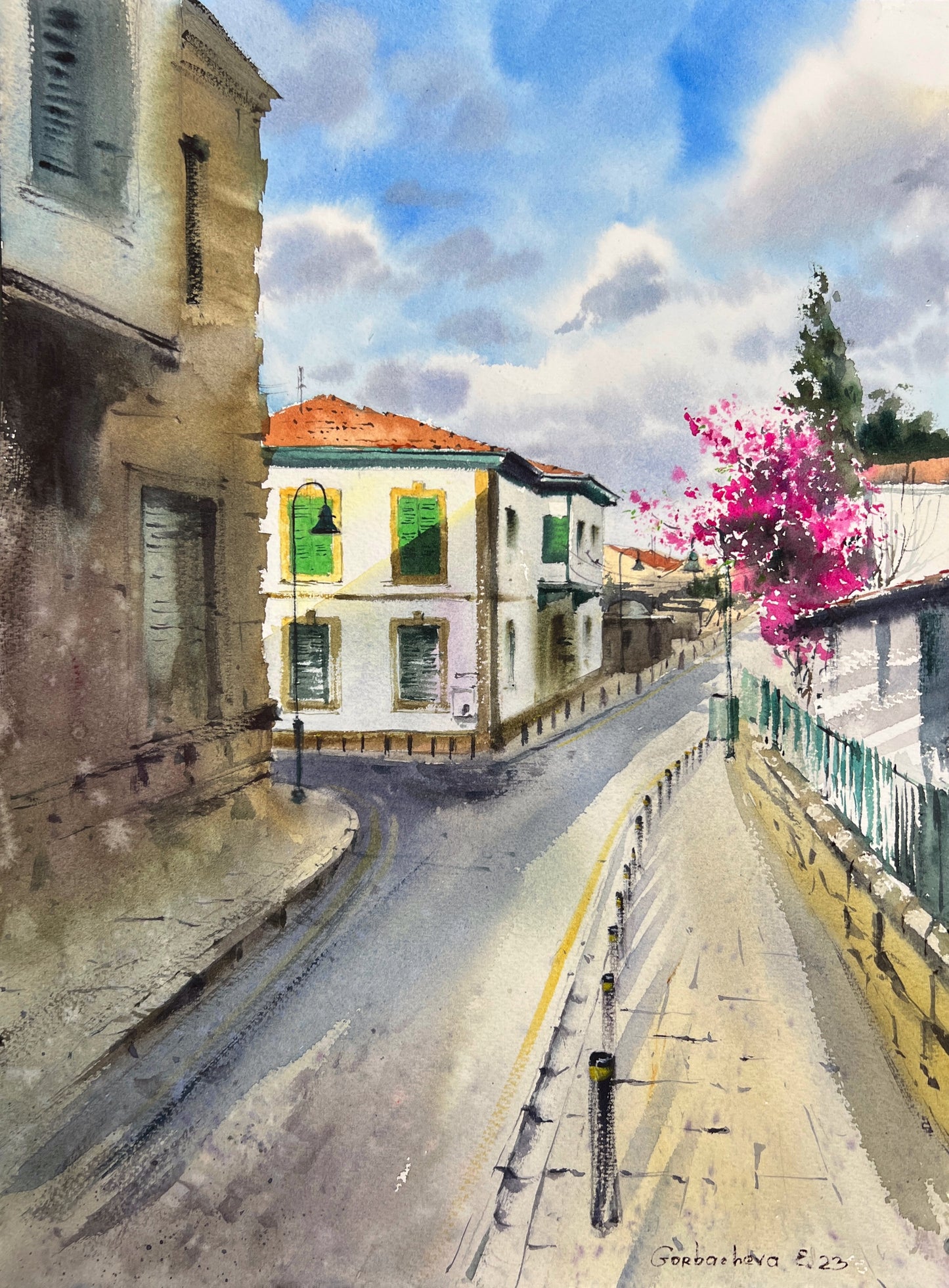 Nicosia Painting Original Watercolor , Cyprus City Artwork, Street Scene, Mediterranean Wall Art, Travel Gift for Her
