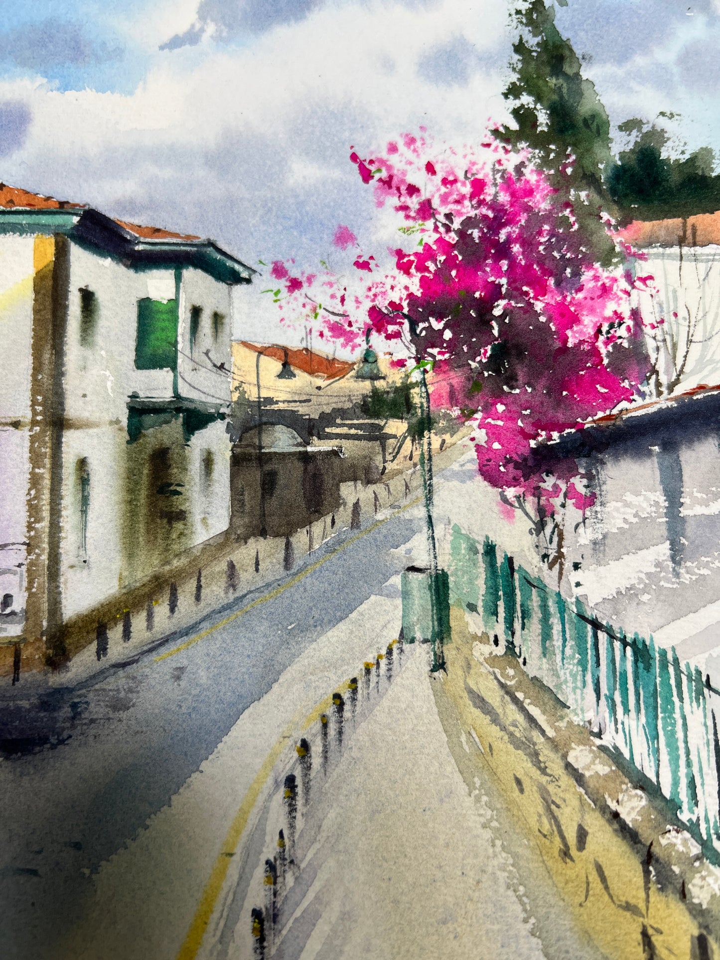 Nicosia Painting Original Watercolor , Cyprus City Artwork, Street Scene, Mediterranean Wall Art, Travel Gift for Her