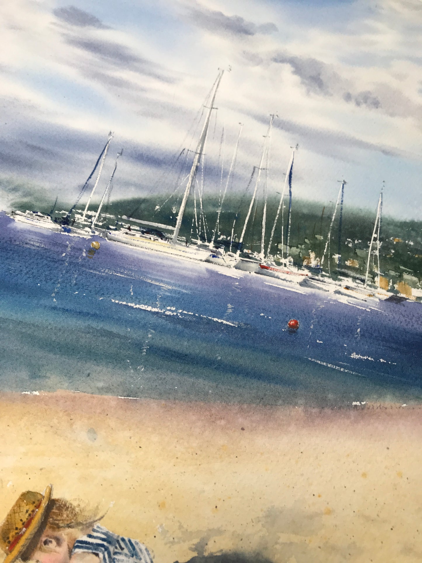 Beach Painting Original Watercolor, Spain Artwork, Coastal City Art, Travel Gift, Blue Sea, Yachts