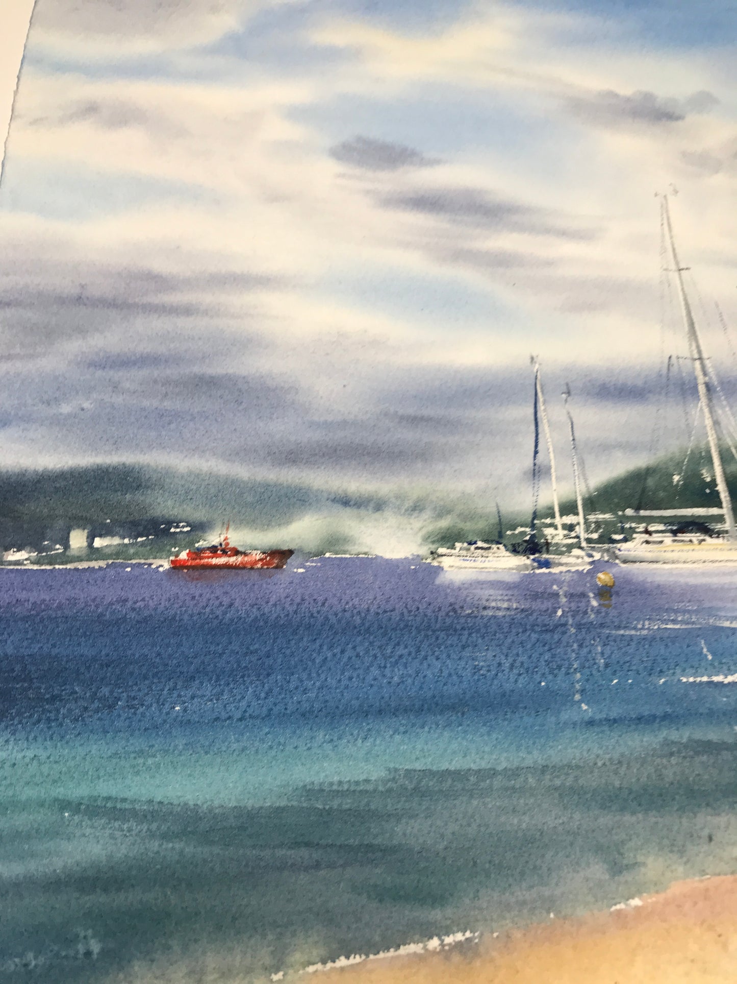 Beach Painting Original Watercolor, Spain Artwork, Coastal City Art, Travel Gift, Blue Sea, Yachts