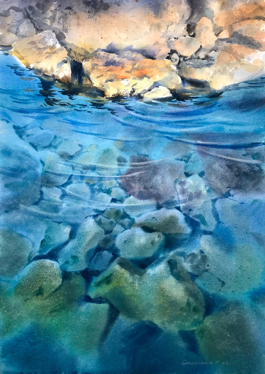 Sea Surface Painting, Original Watercolor Artwork, Undersea Stones Art, Coastal, Hand-painted Seascape Room Wall Decor