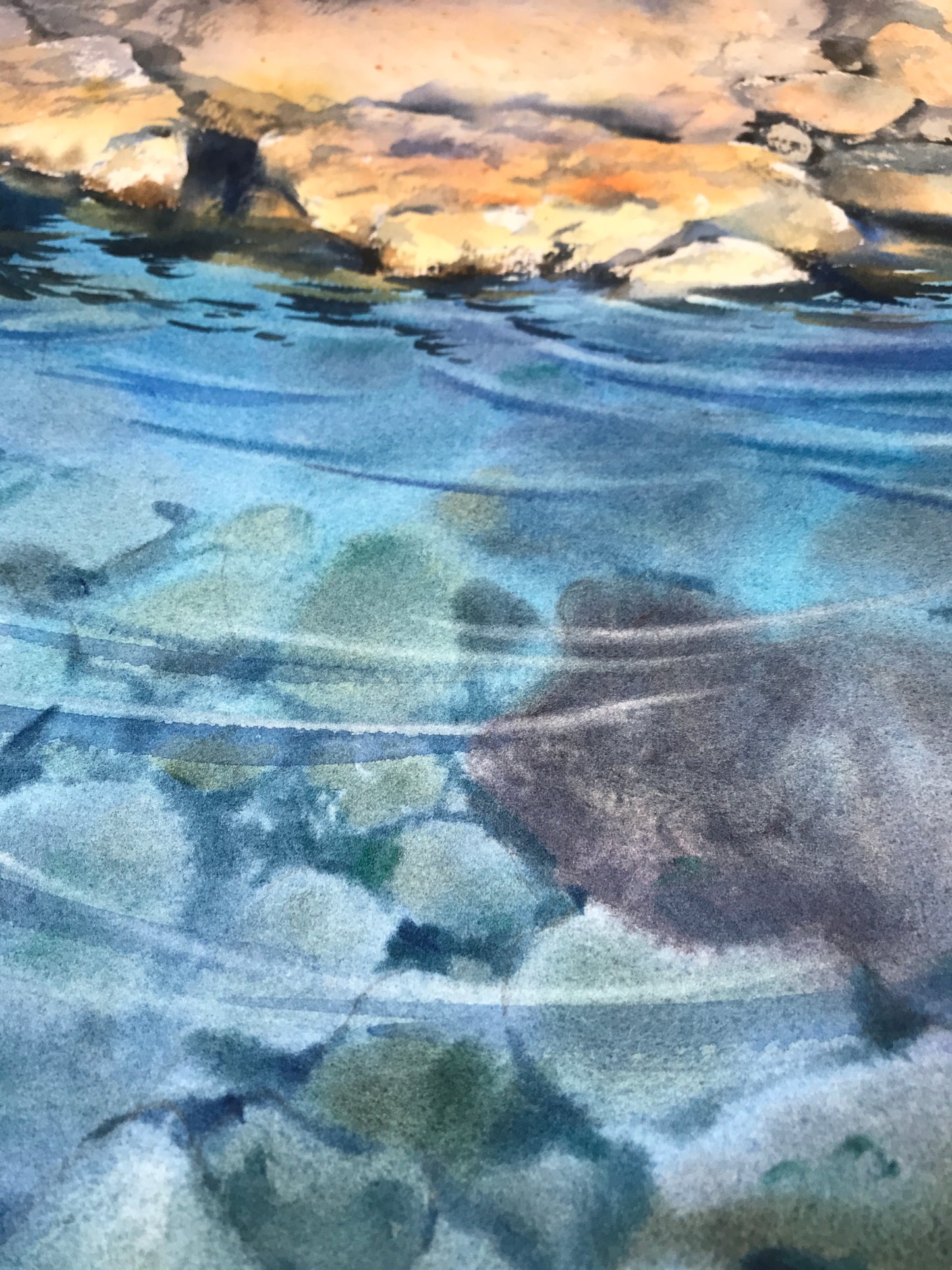 Sea Surface Painting, Original Watercolor Artwork, Undersea Stones Art, Coastal, Hand-painted Seascape Room Wall Decor