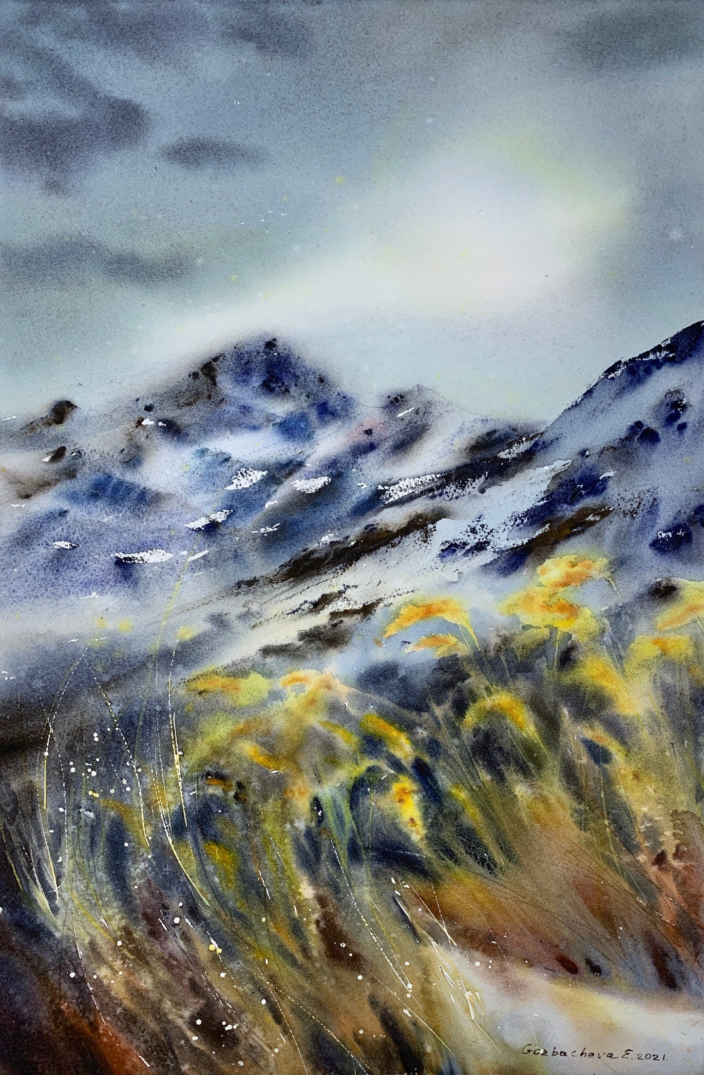 Autumn Modern Mountain Painting Watercolour Original, Abstract Nature Art, Landscape
