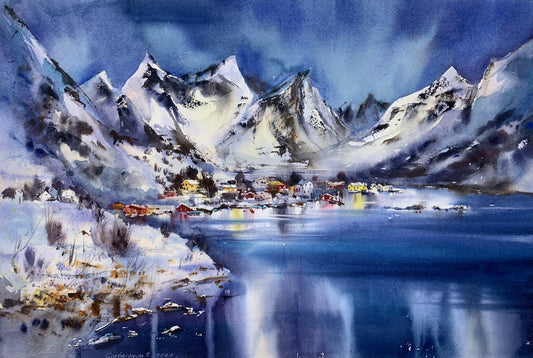 Lofoten Islands Painting, Modern Mountain Watercolour Original, Abstract Nature Art, Norway Landscape