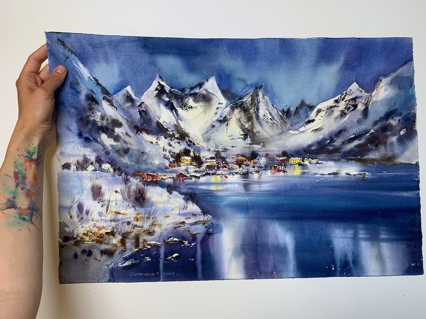 Lofoten Islands Painting, Modern Mountain Watercolour Original, Abstract Nature Art, Norway Landscape