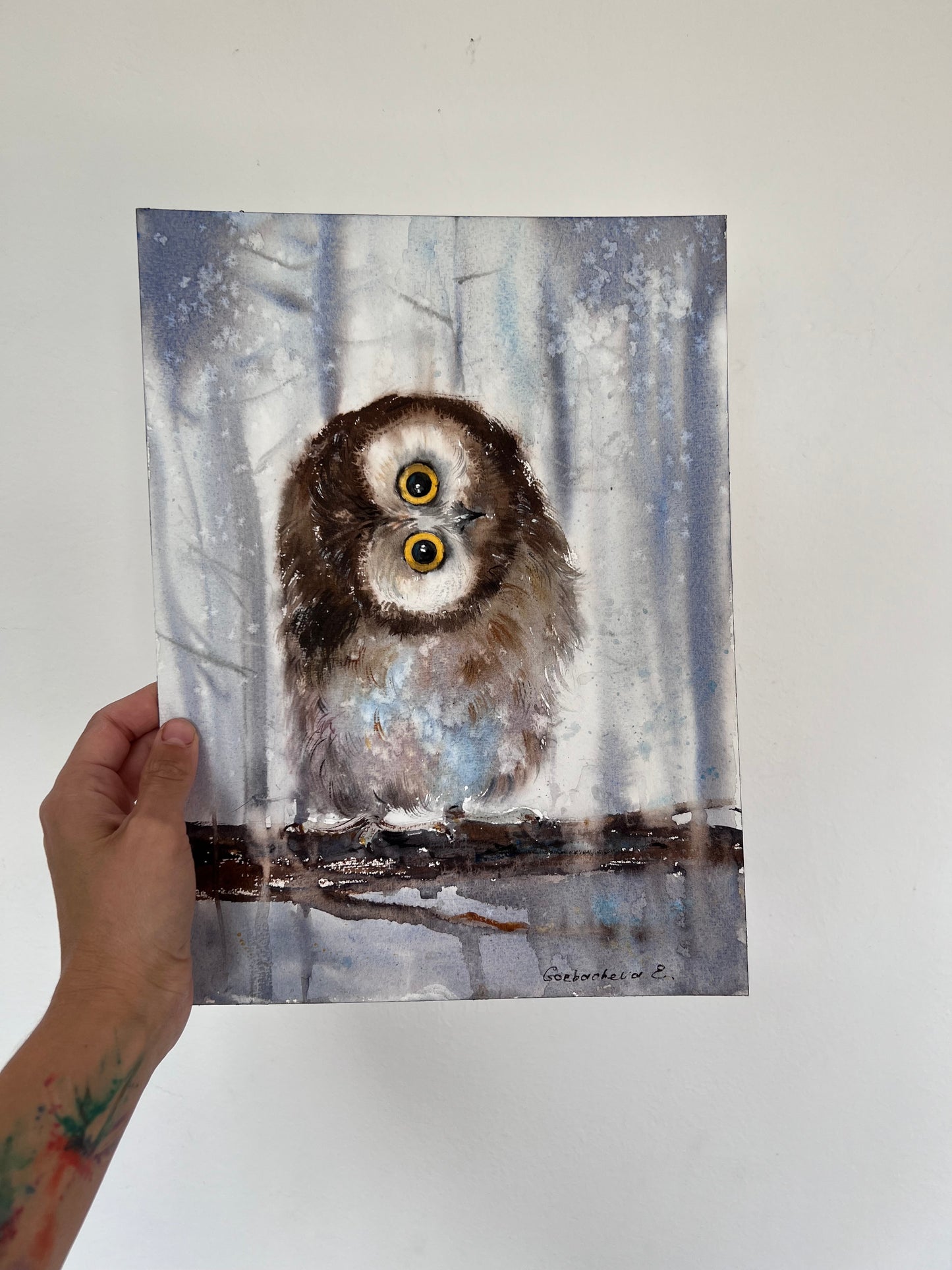 Watercolor Owl Painting Original, Small Artwork, New Year Christmas Gift, Bird Wall Art Decor