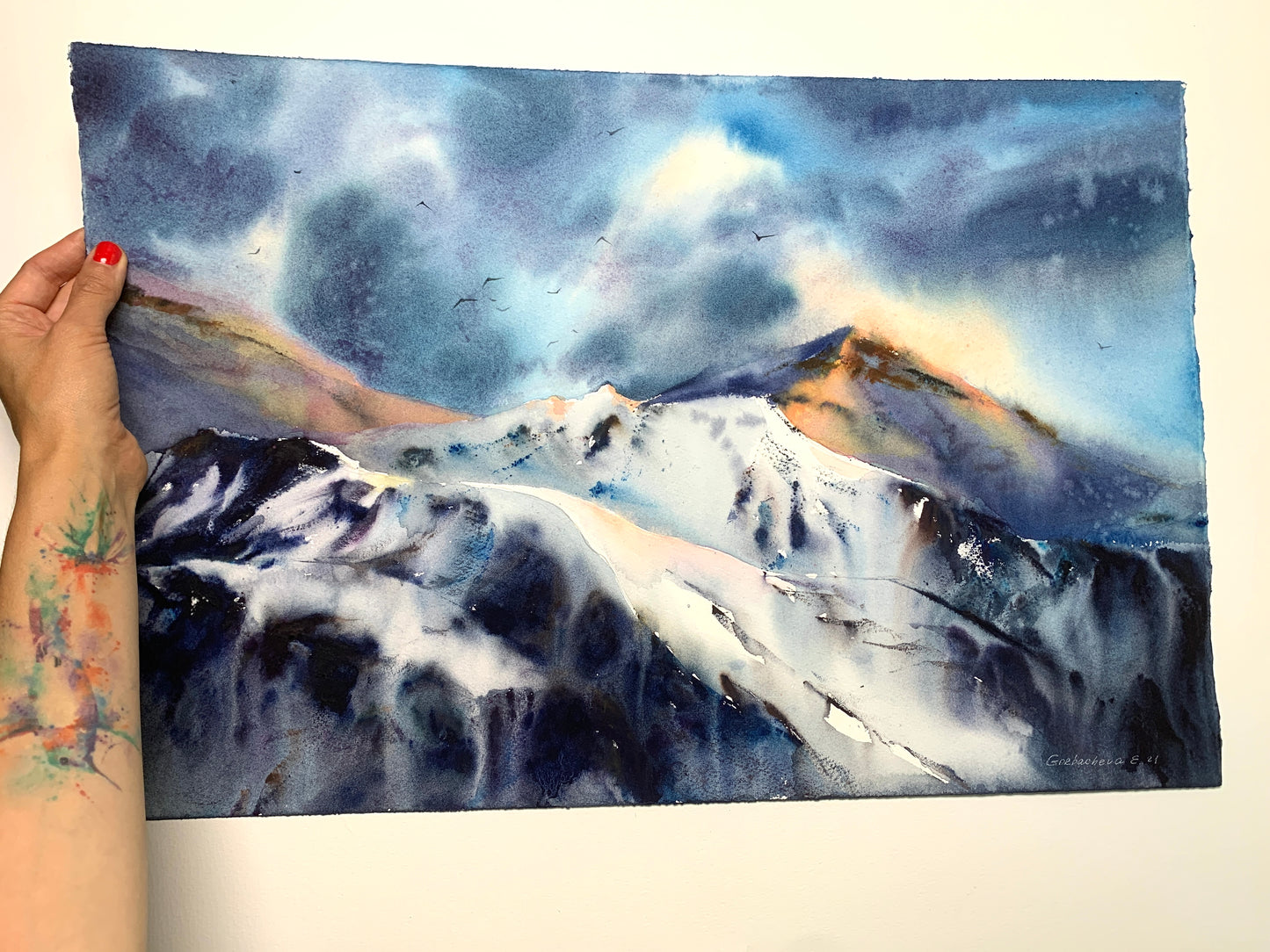 Watercolor Snowy Mountains Original Painting, Nature Art, Mountain Peak Wall Decor, Landscape, Gift