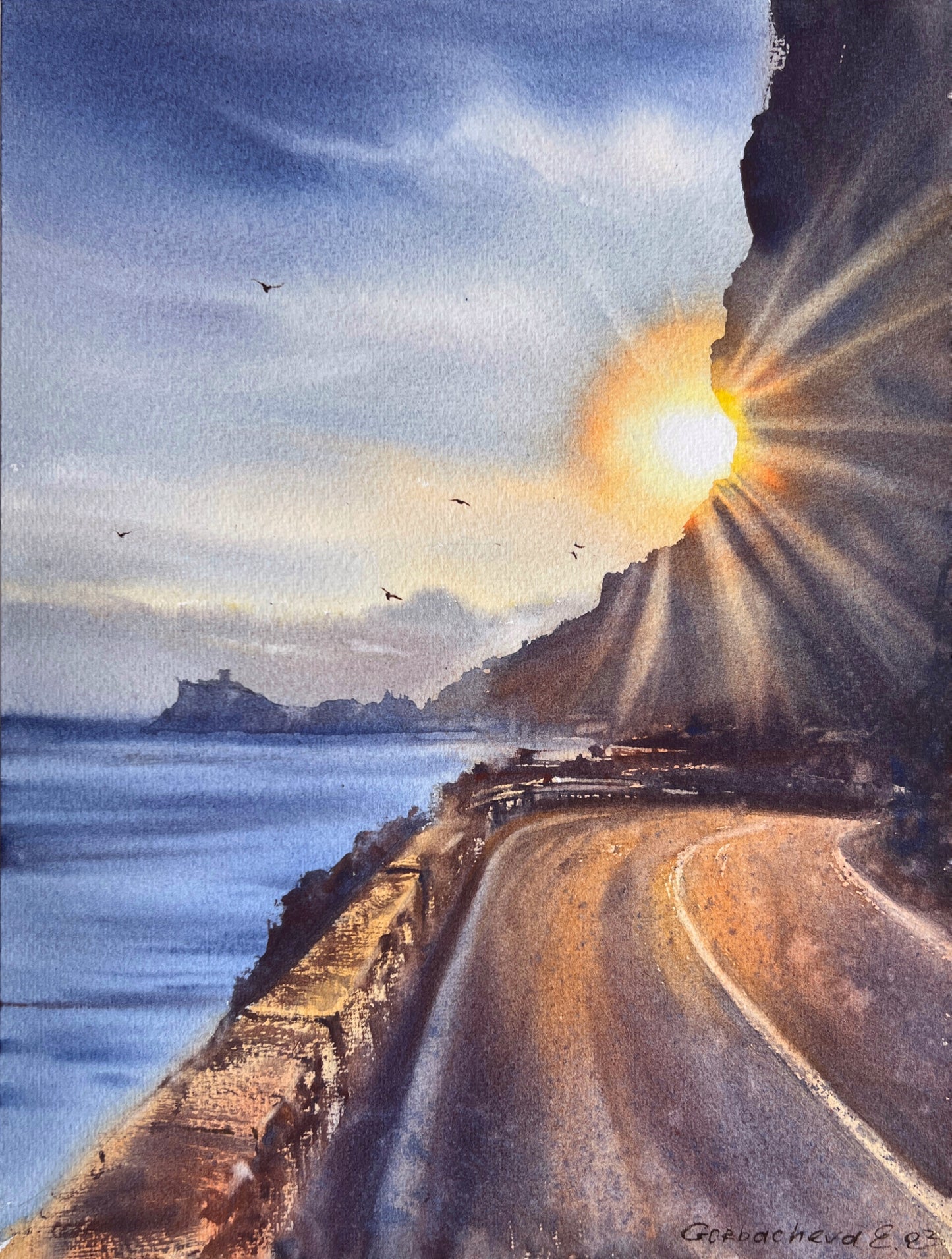 Coastal Cliff Road Painting Original, Watercolor Artwork, Italian Art, Seaside, Home Bedroom Wall Decor, Gift, Sun