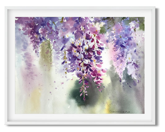 Purple Flower Painting, Watercolor Original Art, Wisteria flowers, Botanical Wall Decor, Wedding Gift, Flora Fine Art