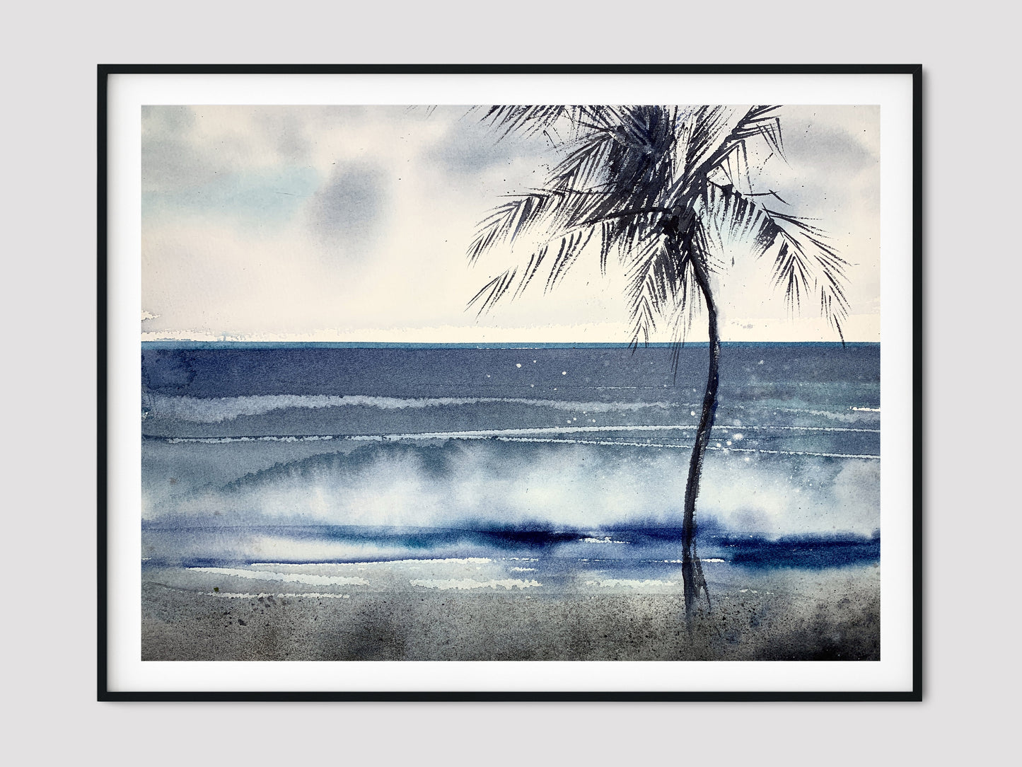Palm Tree Art Print, Modern Wall Decor, Watercolor Sea Painting, Beach Canvas Prints, Ocean Wave Contemporary Art