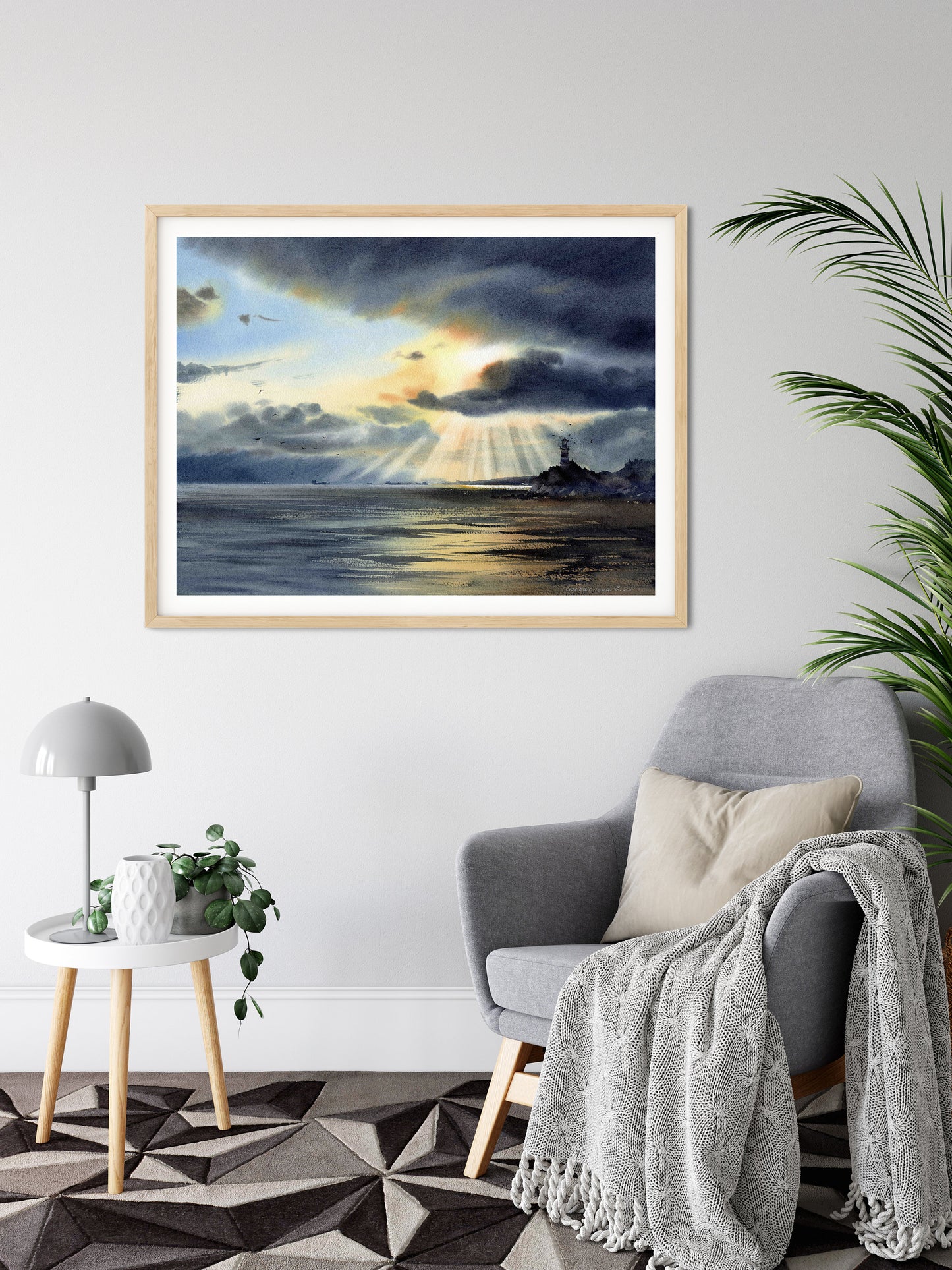 Lighthouse Art Print, Coastal Watercolour Painting, Living room Wall Decor, Sea Wave, Canvas Prints, Ocean Fine Art