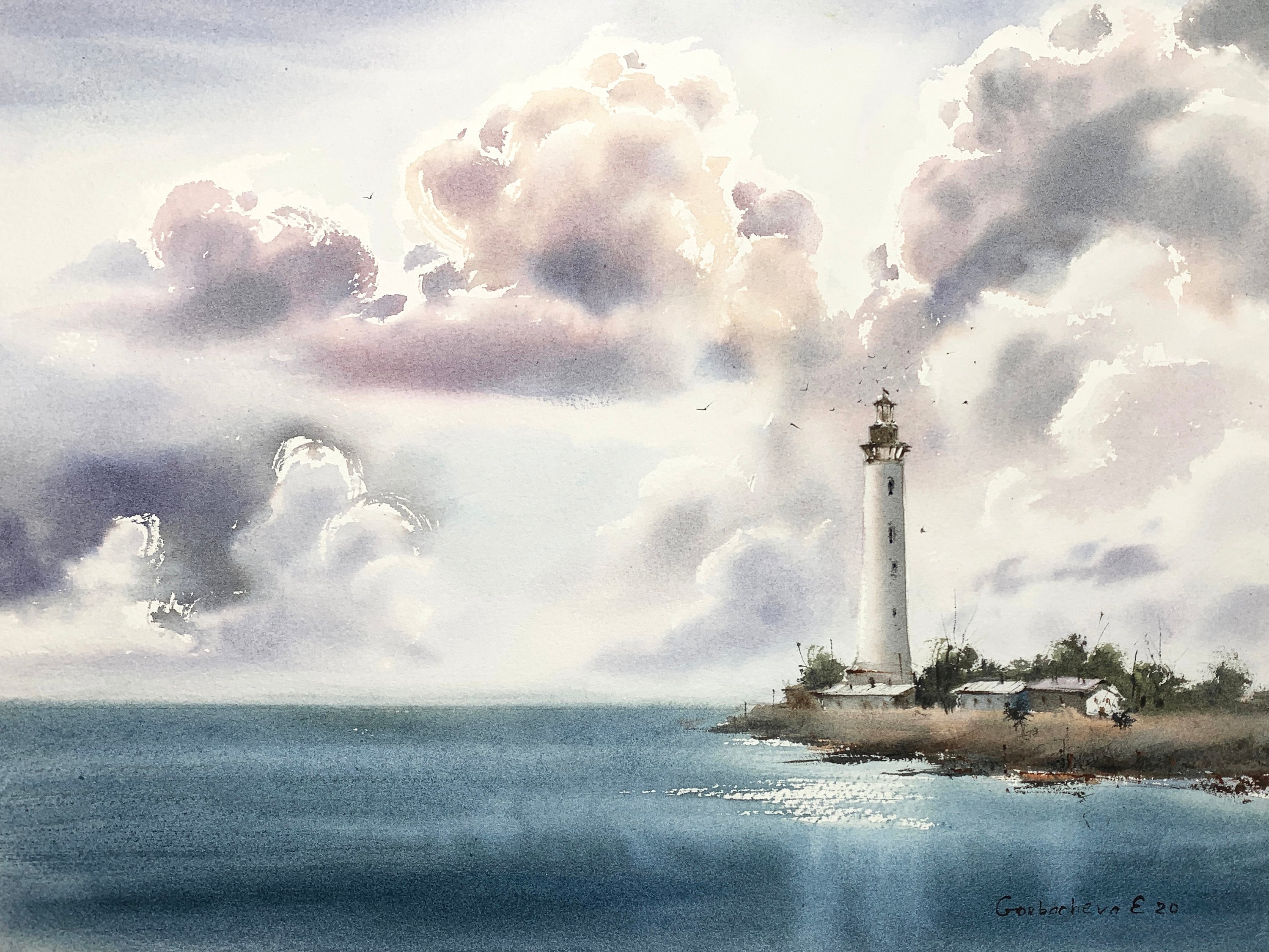 Lighthouse Wall Art Print, Coastal Painting Watercolour, Tropical