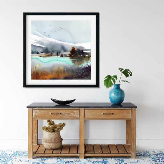 Mountain Square Art Print, Abstract Landscape Wall Art, Watercolor Nordic Painting, Modern Print on Canvas, Turquoise