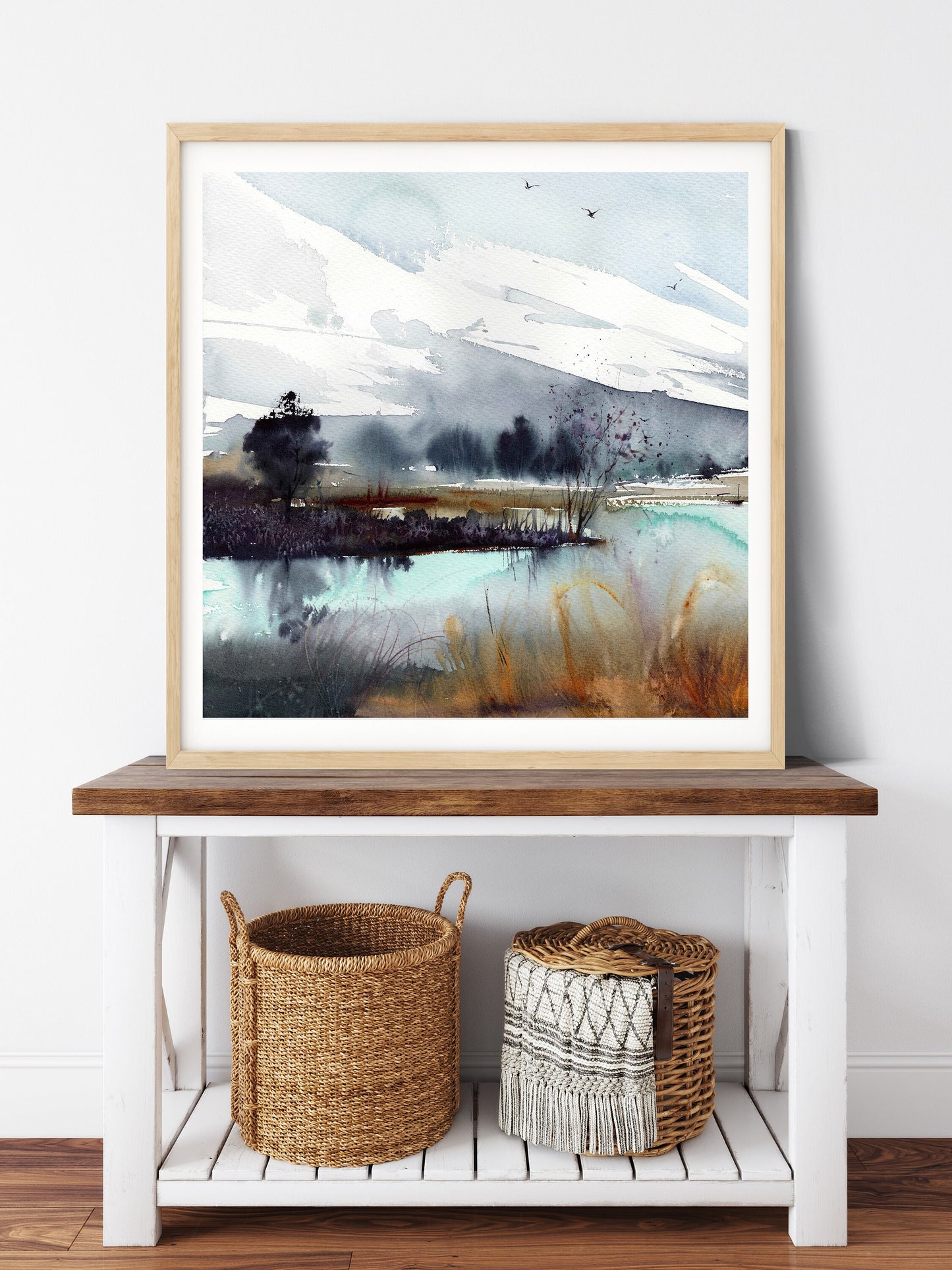 Abstract Mountain Print, Square Wall Art, Watercolor Nordic Landscape, Modern Painting on Canvas, Turquoise, Gray