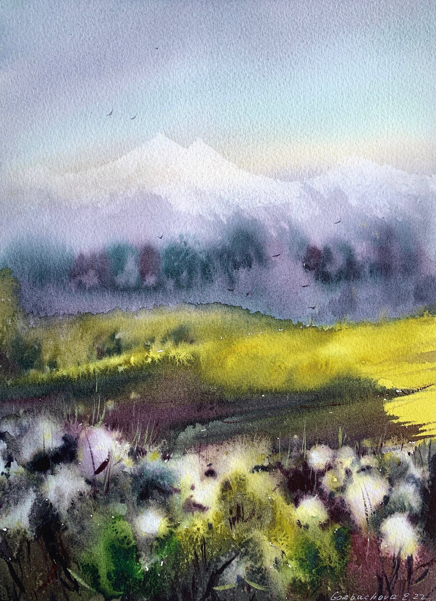 Cotton Field Painting Watercolor Original, Abstract Mountain Landscape, Green Mountains, Modern Art Decor