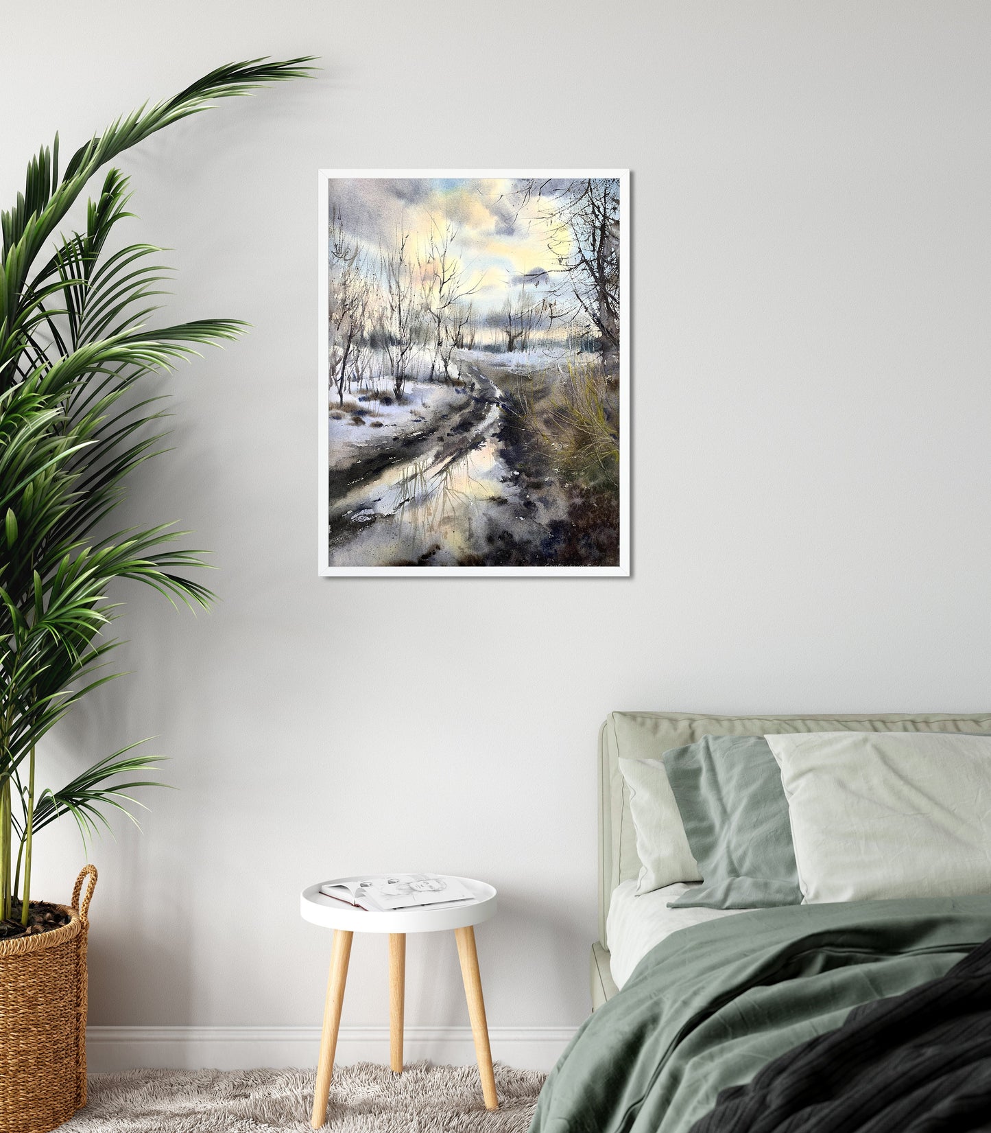 Winter Landscape Art Print, Watercolor Scenery Painting Farmhouse & Country House Wall Decor, Canvas Prints, Trees, Gift