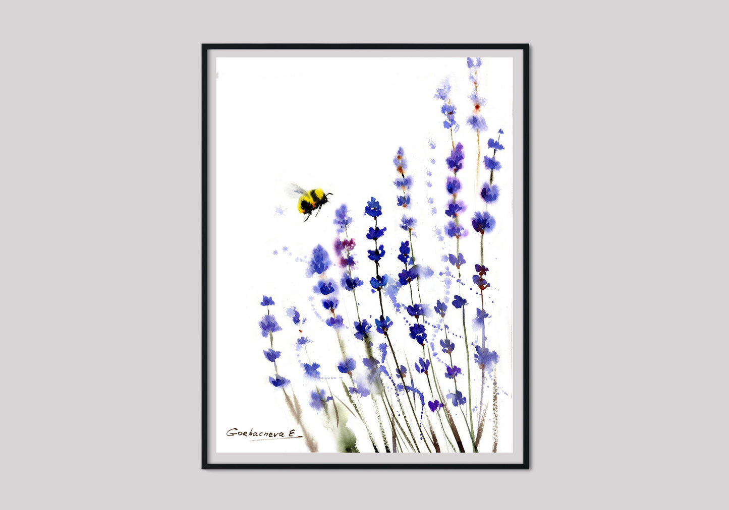 Lavender Bee Print, Botanical Wall Art, Provence Wall Decor, Watercolor Purple Flower Painting, Bumblebee, Herb Print