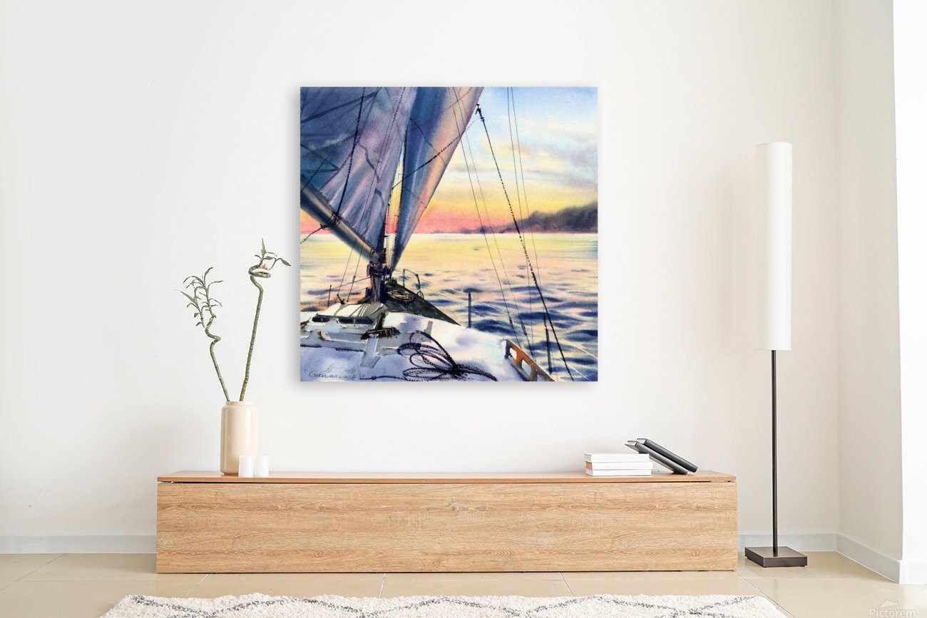 Yacht Wall Art Print, Nautical Wall Decor, Watercolor Sailboat, Summer Seascape, Square Painting on Canvas Orange Sunset