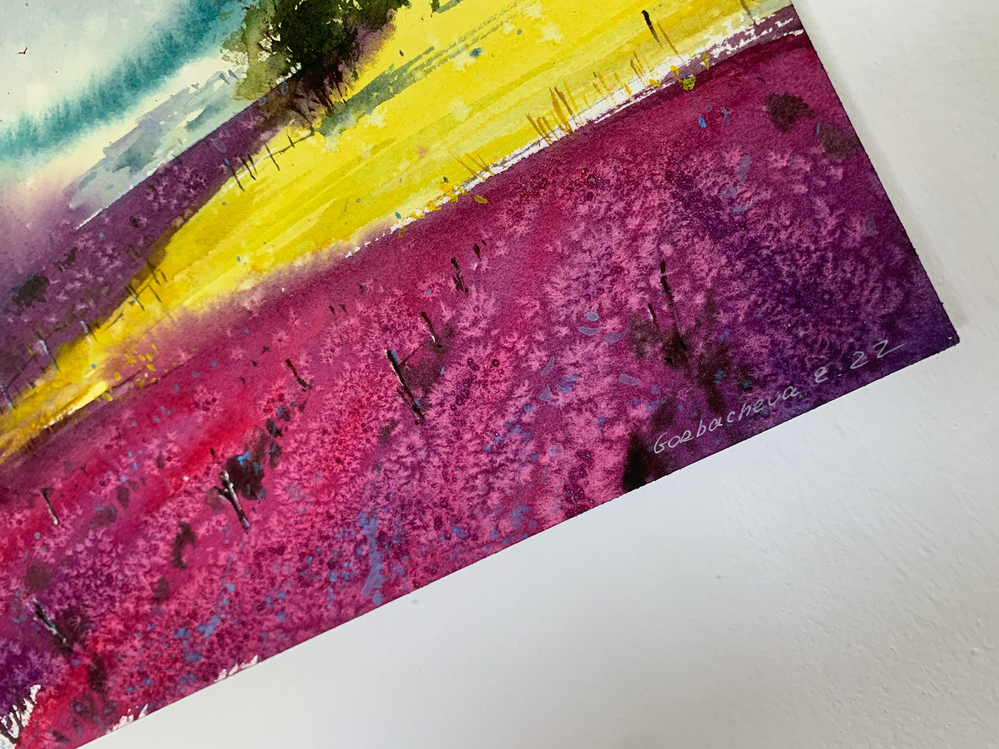 Lavender Field Painting, Original Watercolor Artwork, Landscape Wall Art, Gift For Her, Purple, Yellow, Blue