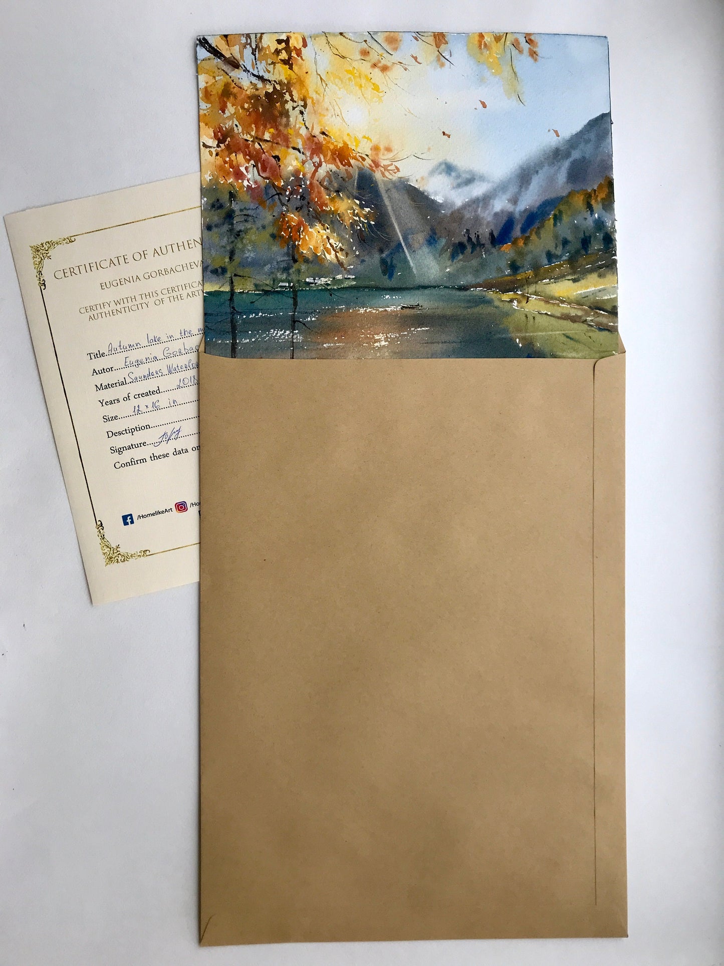 Mountain Forest Painting, Watercolor Original Art, Autumn Lake Artwork, House Wall Art, Landscape, Sailboat, Clouds