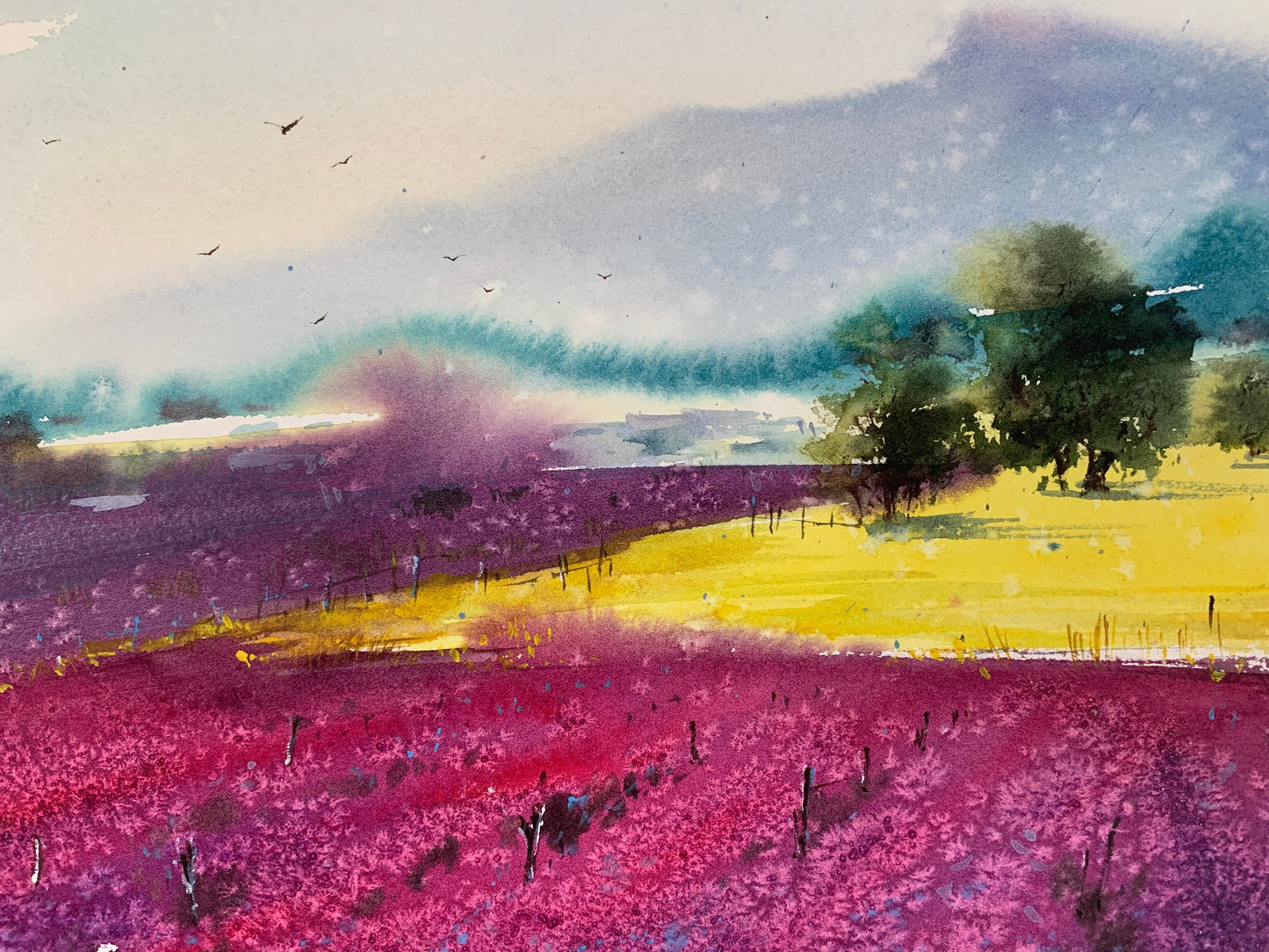 Lavender Field Painting, Original Watercolor Artwork, Landscape Wall Art, Gift For Her, Purple, Yellow, Blue