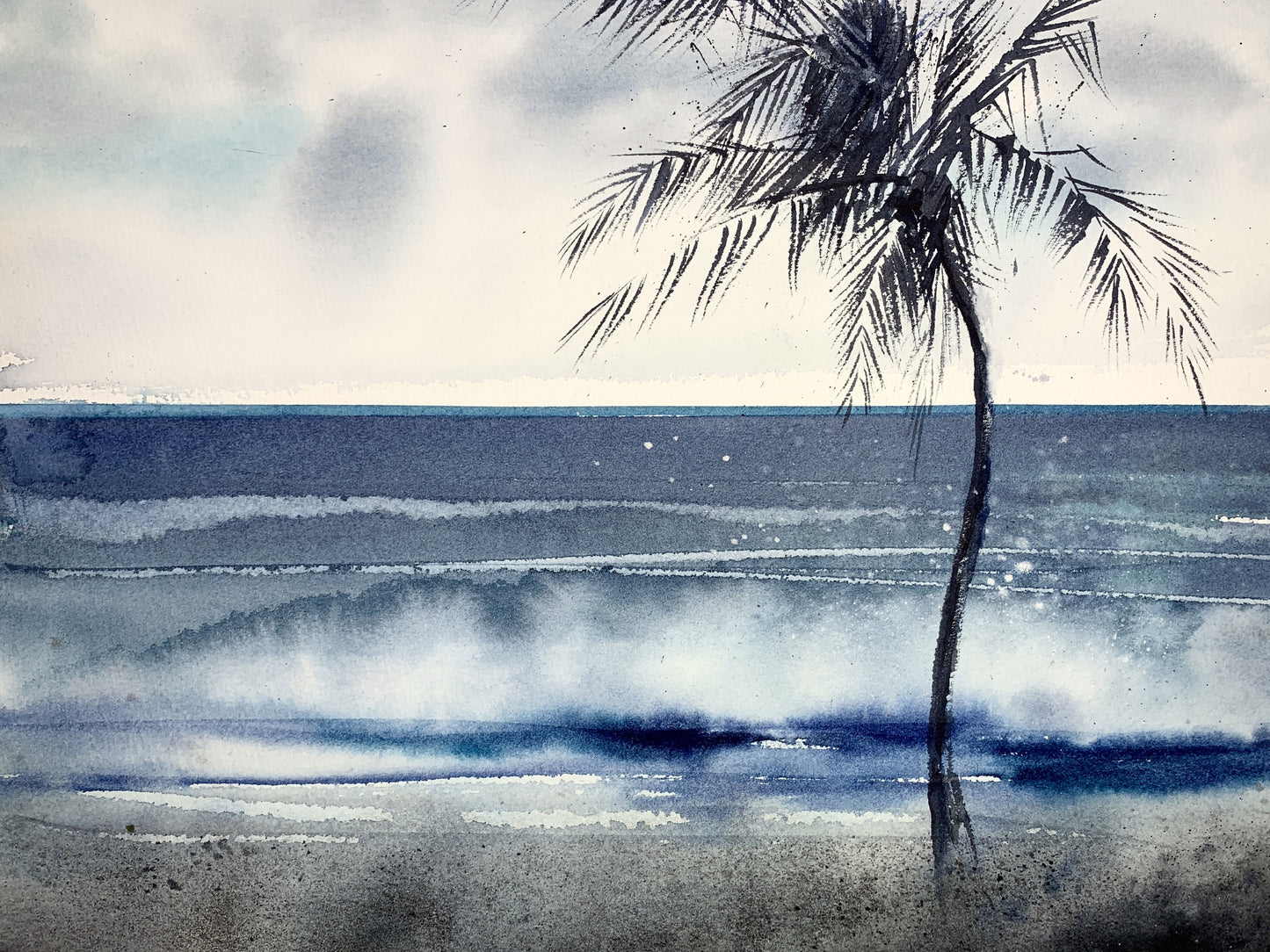 Palm Tree Art Print, Modern Wall Decor, Watercolor Sea Painting, Beach Canvas Prints, Ocean Wave Contemporary Art