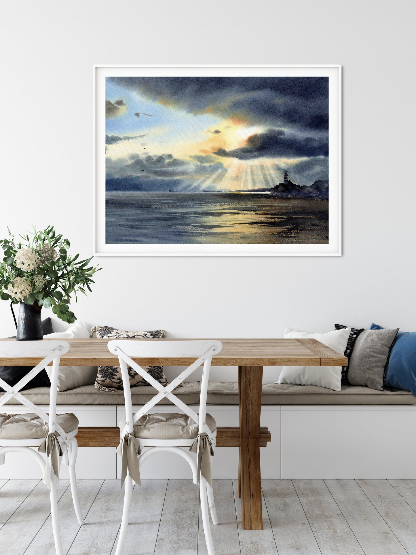 Lighthouse Art Print, Coastal Watercolour Painting, Living room Wall Decor, Sea Wave, Canvas Prints, Ocean Fine Art