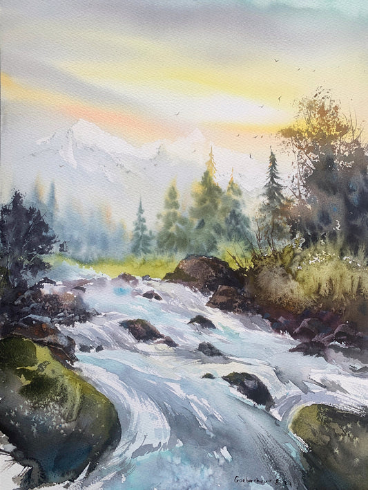 Forest Painting Original Watercolor, Mountain Wall Decor, Pine Trees Art, Scenery Painting, Landscape With River, Adventure Gift