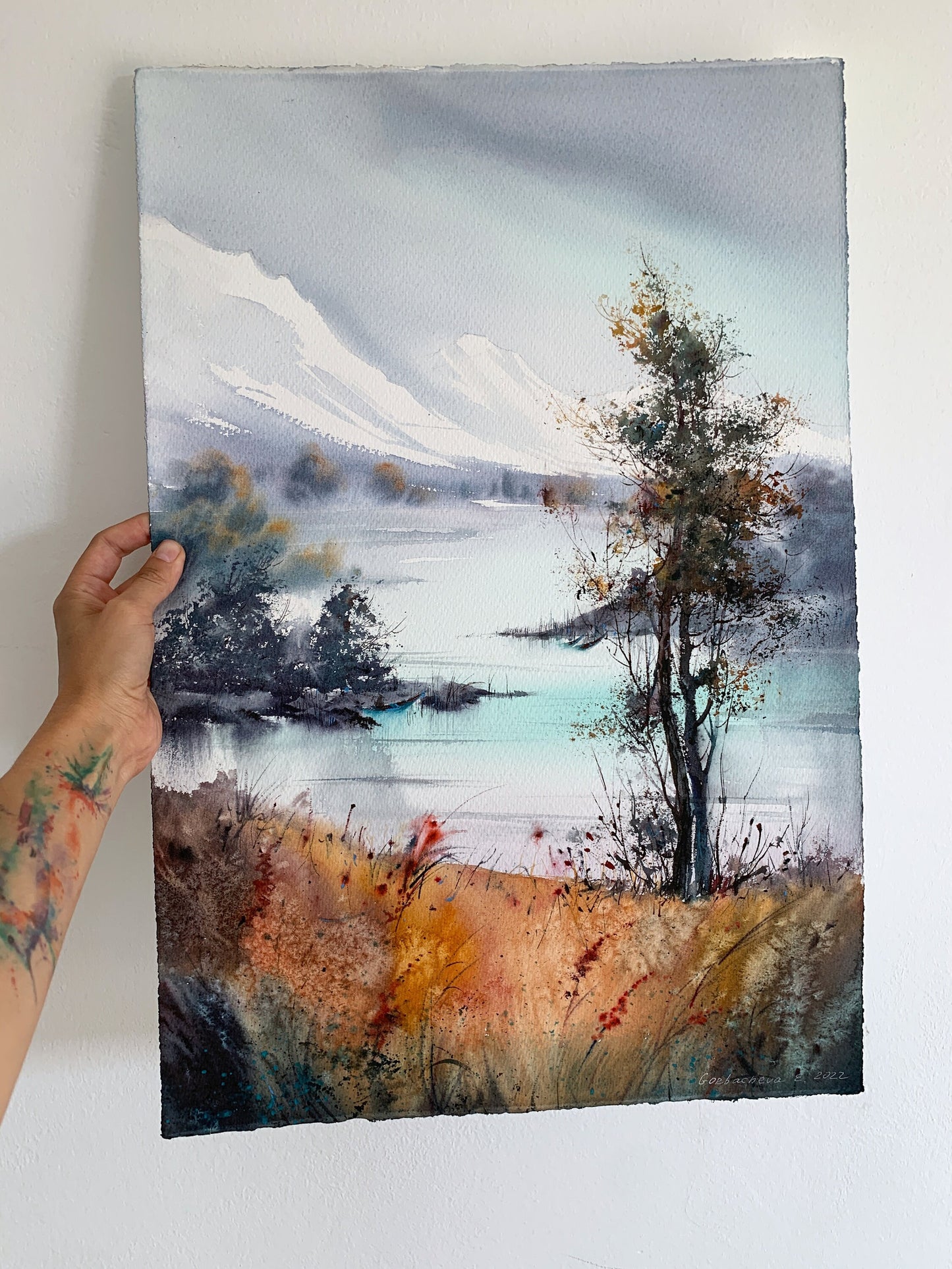 Mountain Lake Painting Watercolour Original, Pine Tree, Mountains Home Decor, Turquoise, Burnt Yellow, Landscape With Forest, Nature Art