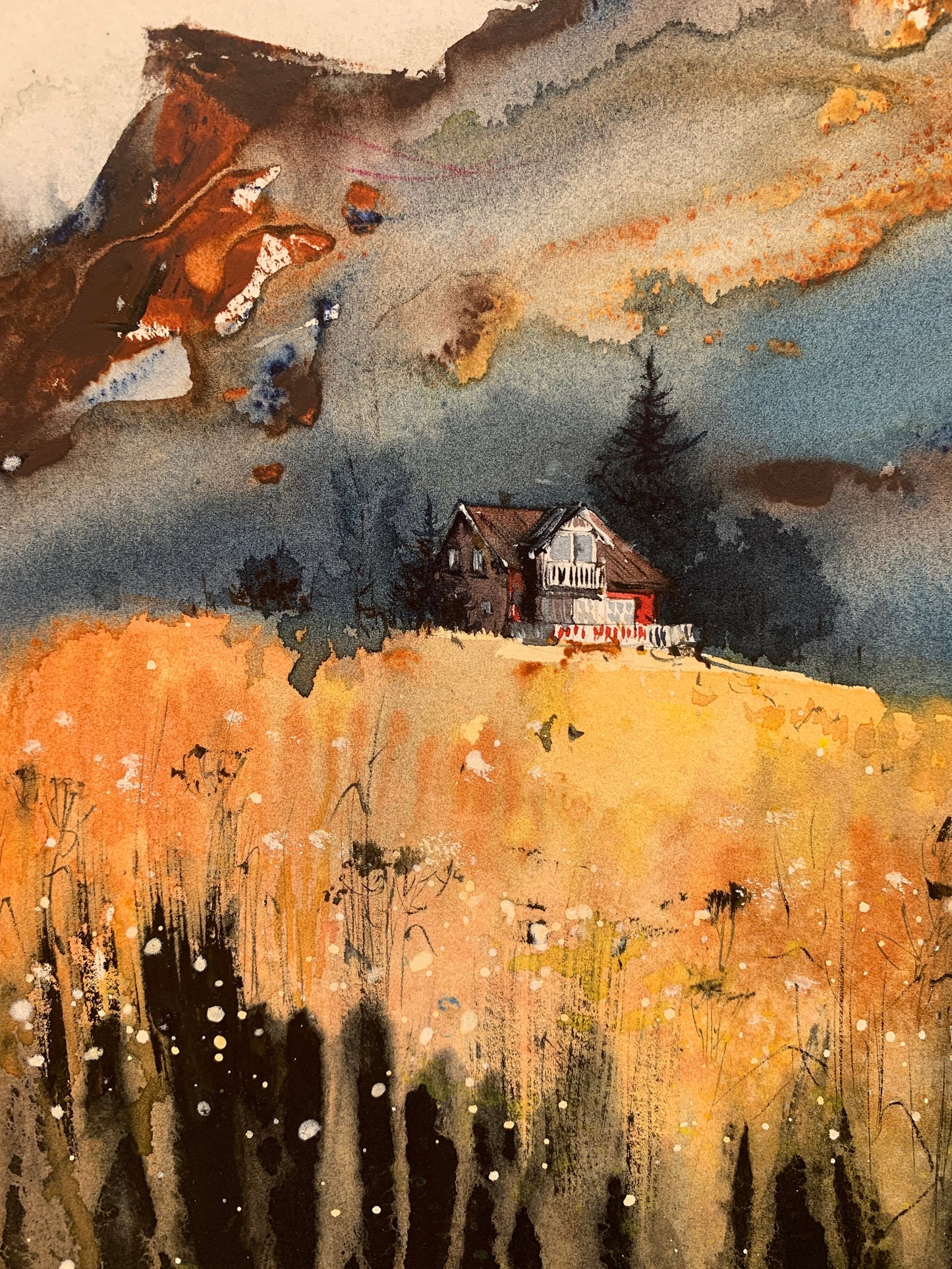 Mountain House Painting Original Watercolor, Abstract Wall Art, Home Decor, Burnt Orange, Landscape With Forest, Nature Art