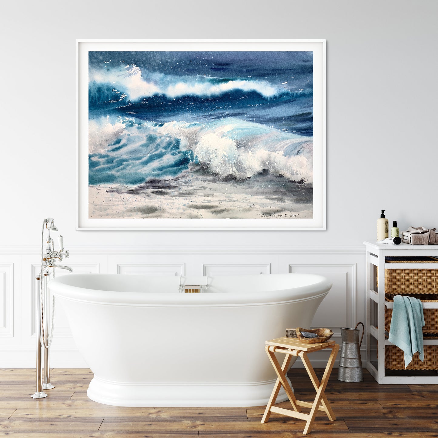 Ocean Wall Art Print, Sea Wave Canvas Painting, Living room Decor, Sea Wave, Coastal Watercolor Artwork, Blue, White