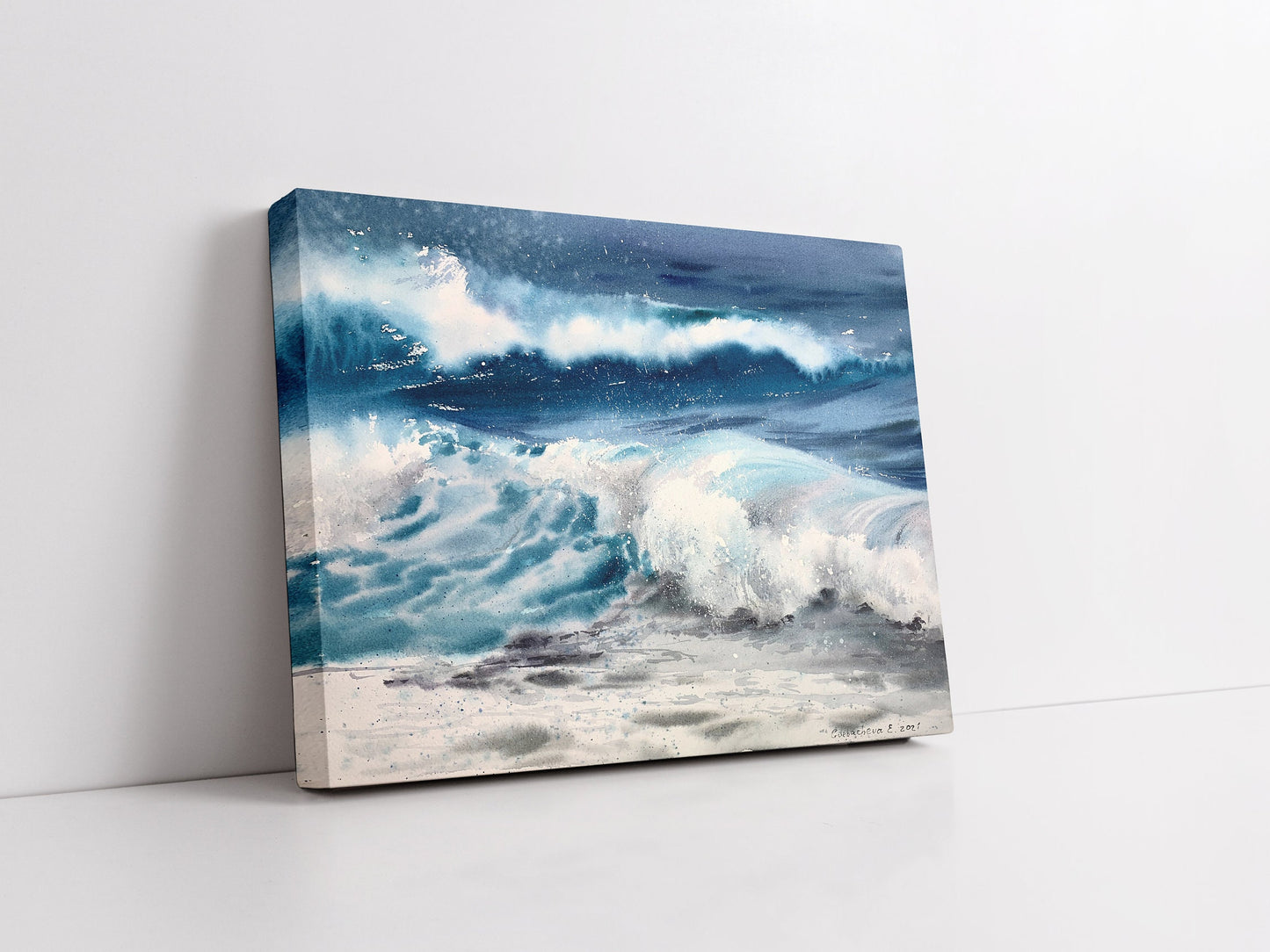 Ocean Wall Art Print, Sea Wave Canvas Painting, Living room Decor, Sea Wave, Coastal Watercolor Artwork, Blue, White