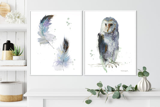 Set of 2 Gray Owl Art Prints, Feathers Wall Decor, Watercolor Owl Feather Art, Minimalist Bird, Owls Giclee Canvas Print