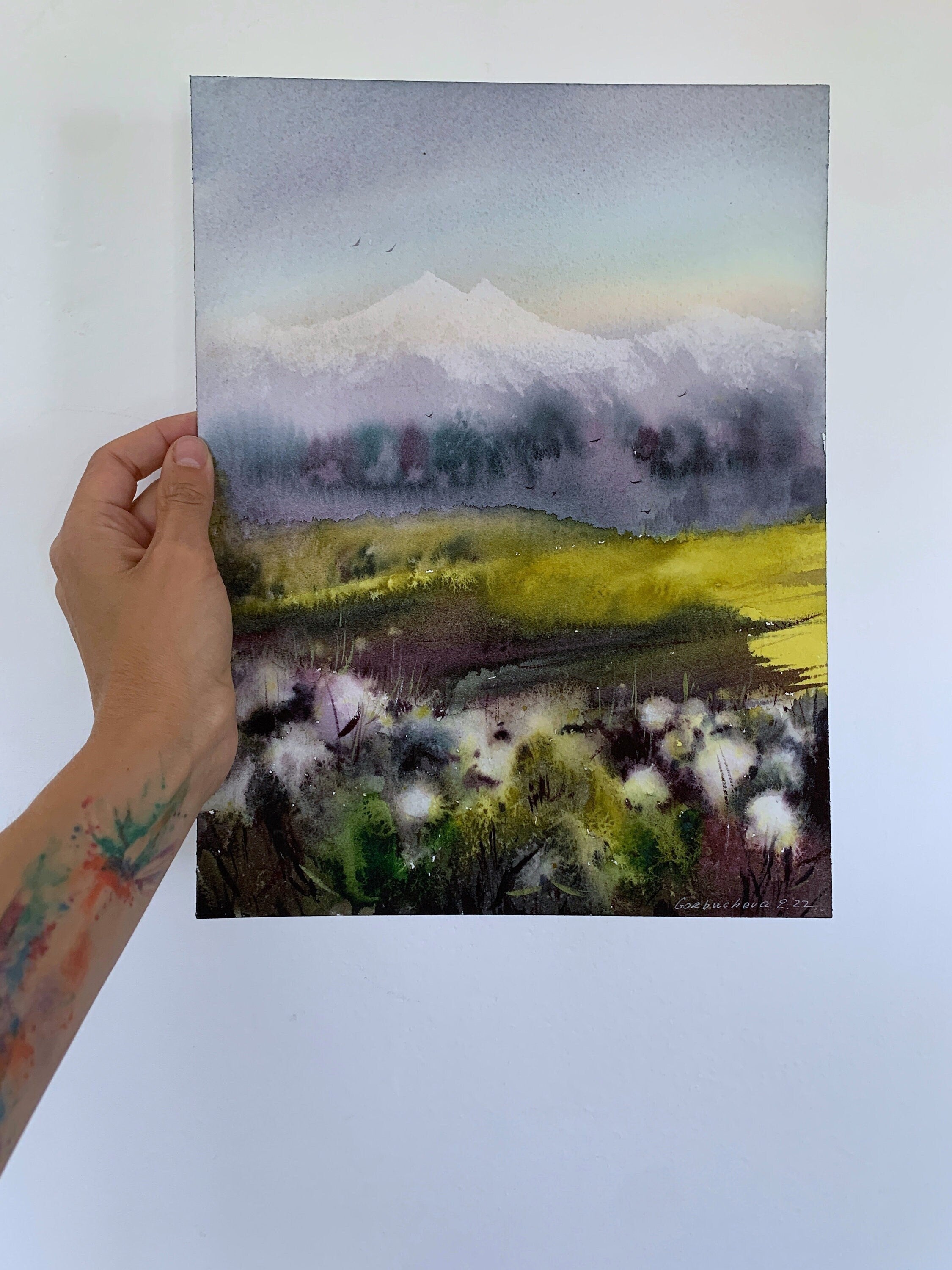 Original offers watercolor painting, Watercolor mountains, Transcarpathian spring, Original Art Home, Decor home, Sunny mountains, Ukrainian shop