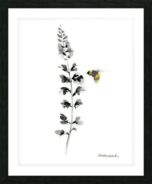 Bee Flower Art Print, Botanical Wall Art, Yellow, White, Black, Watercolor Bumblebee Sketch, Bees, Gifts, Herb Print