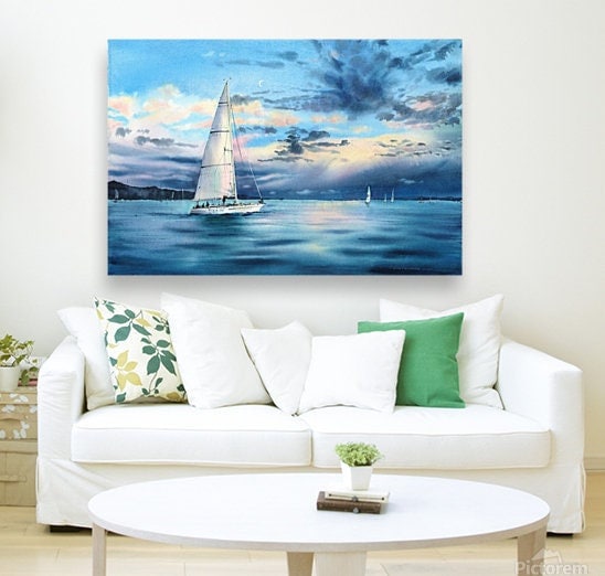 Yachting Wall Decor, Yacht Print, Nautical Art, Blue Sea Painting, Watercolor, Prints on Canvas