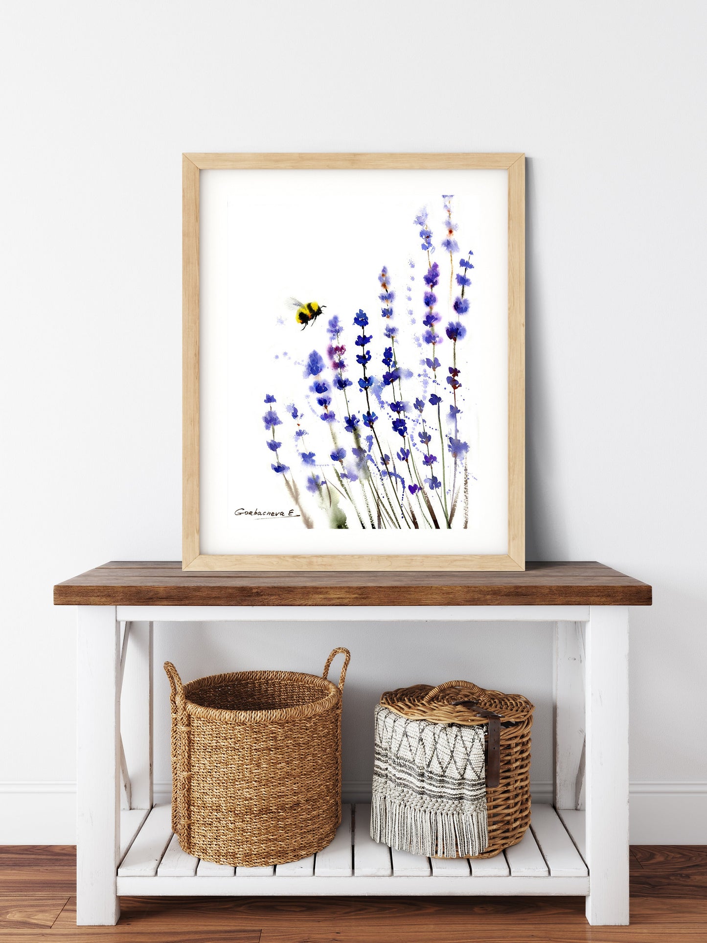 Lavender Bee Print, Botanical Wall Art, Provence Wall Decor, Watercolor Purple Flower Painting, Bumblebee, Herb Print