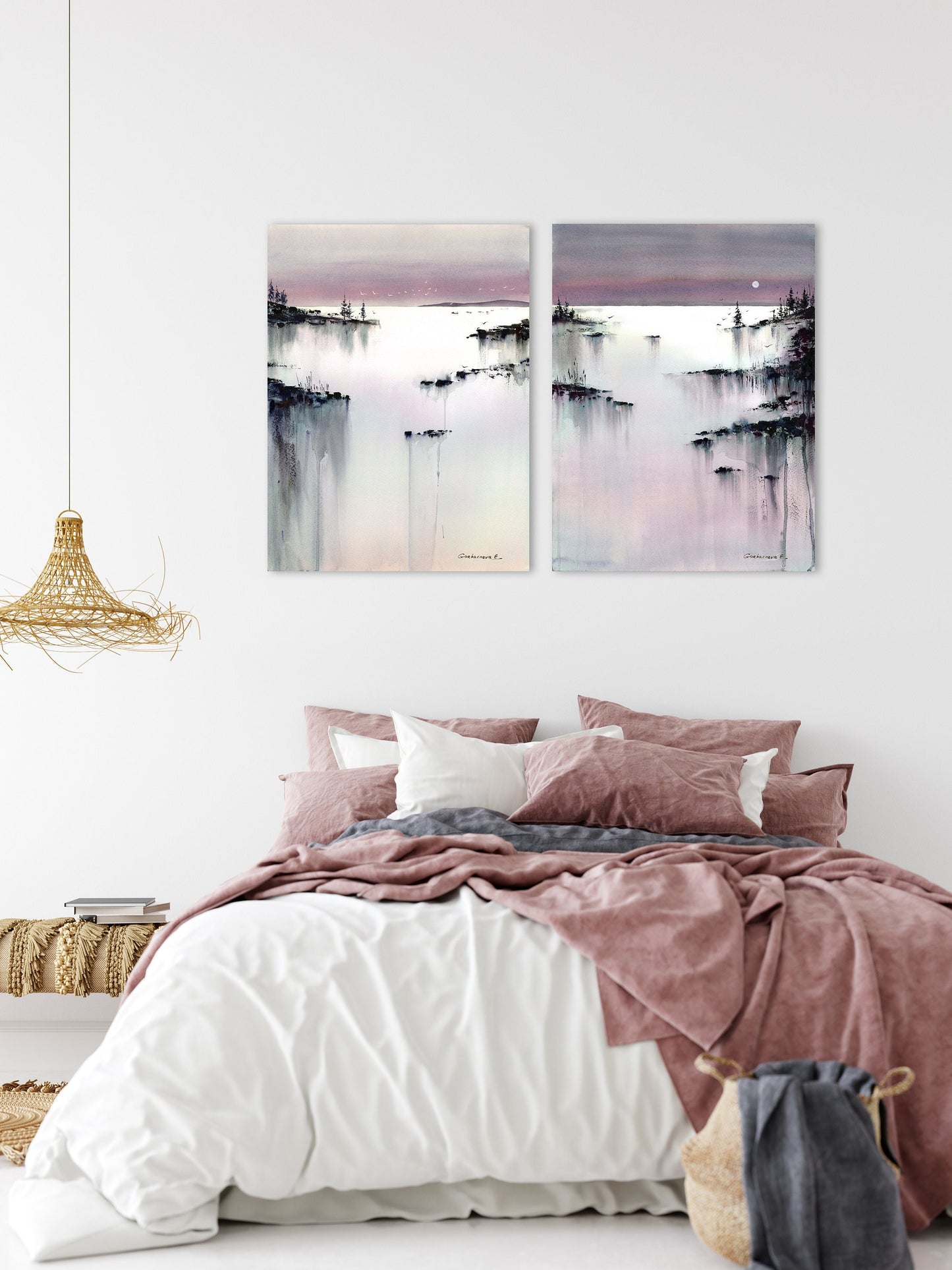 Abstract Nature Set of 2 Art Prints, Contemporary Wall Art, Pink, Grey, Bedroom Decor, Giclee Canvas Prints, Moving Gift