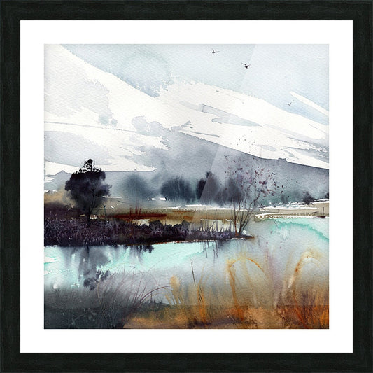 Abstract Mountain Print, Square Wall Art, Watercolor Nordic Landscape, Modern Painting on Canvas, Turquoise, Gray