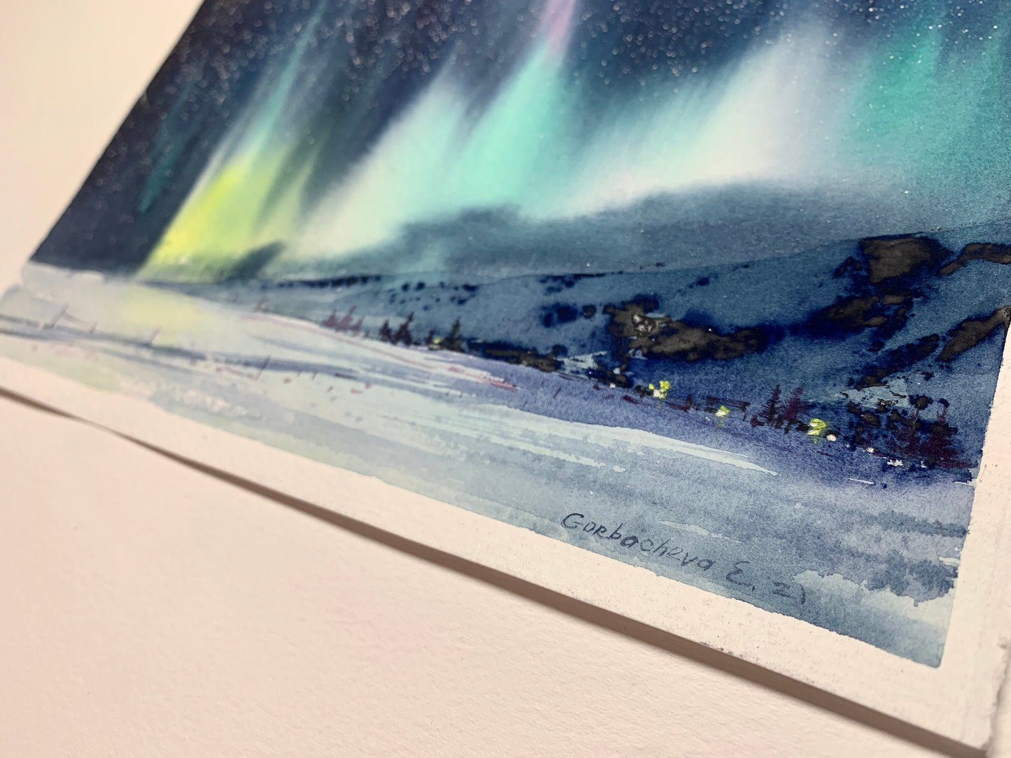 Aurora Borealis Painting Original Watercolor, Northern lights Wall Art, Winter Nordic Landscape, Norway, Ice Mountains, Small Painting