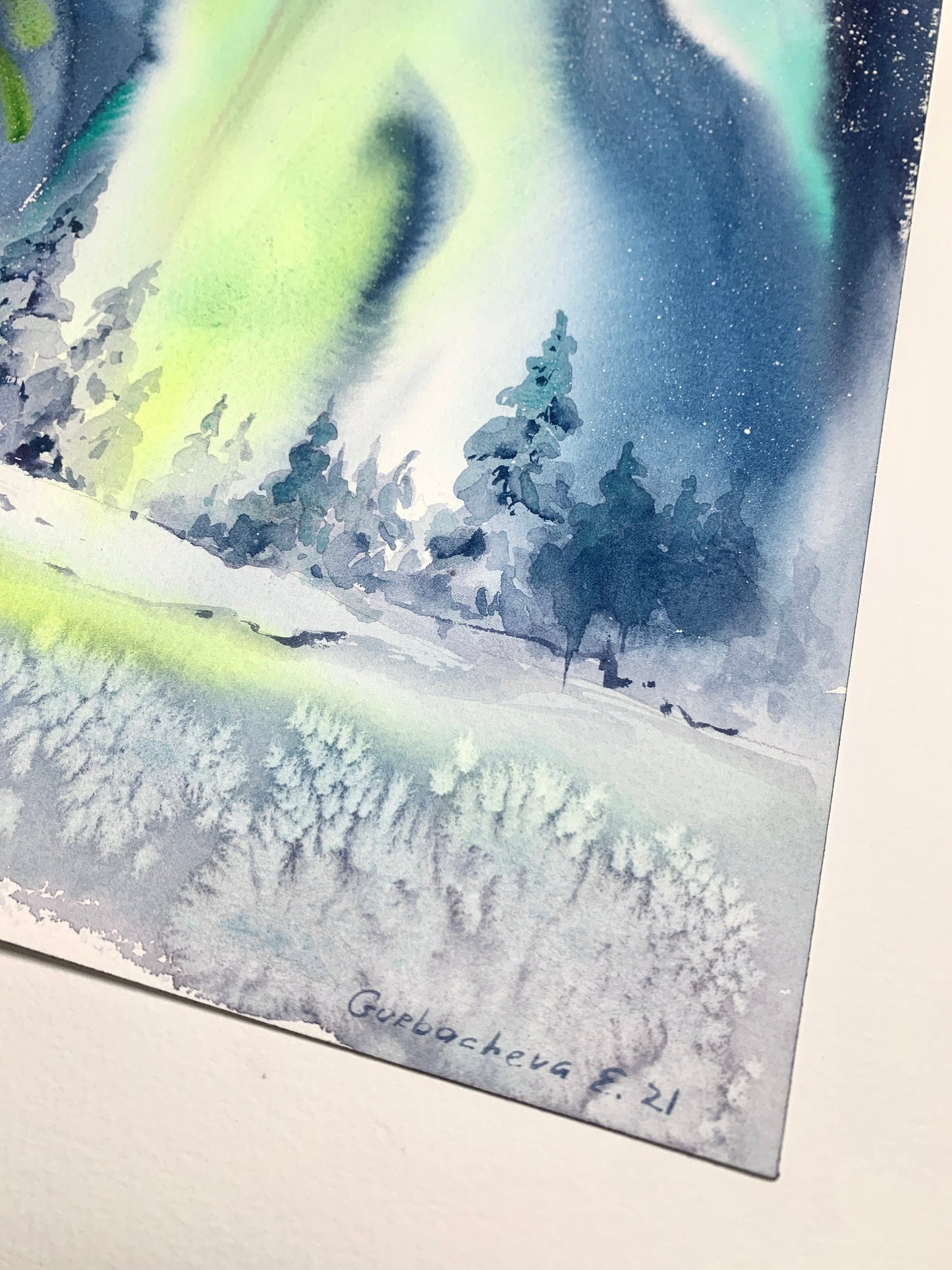 Aurora Borealis Watercolor Painting Original, Nordic Wall Art, Winter Landscape, Northern lights, Ice & Snow, Small Painting, Christmas Gift
