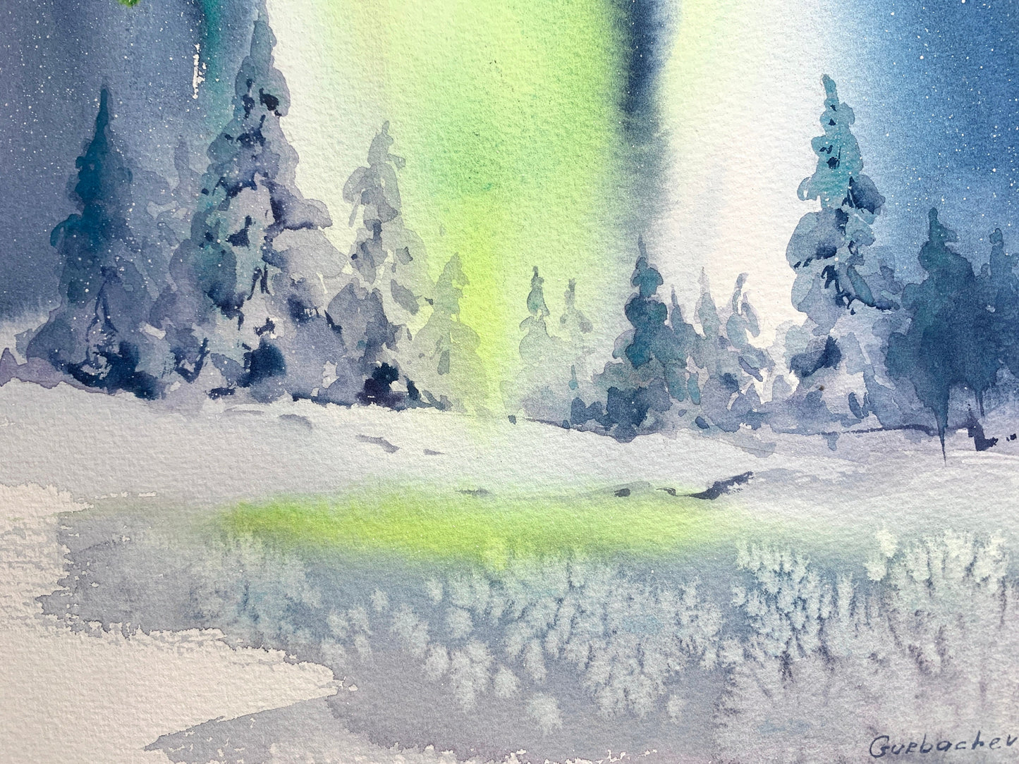 Aurora Borealis Watercolor Painting Original, Nordic Wall Art, Winter Landscape, Northern lights, Ice & Snow, Small Painting, Christmas Gift