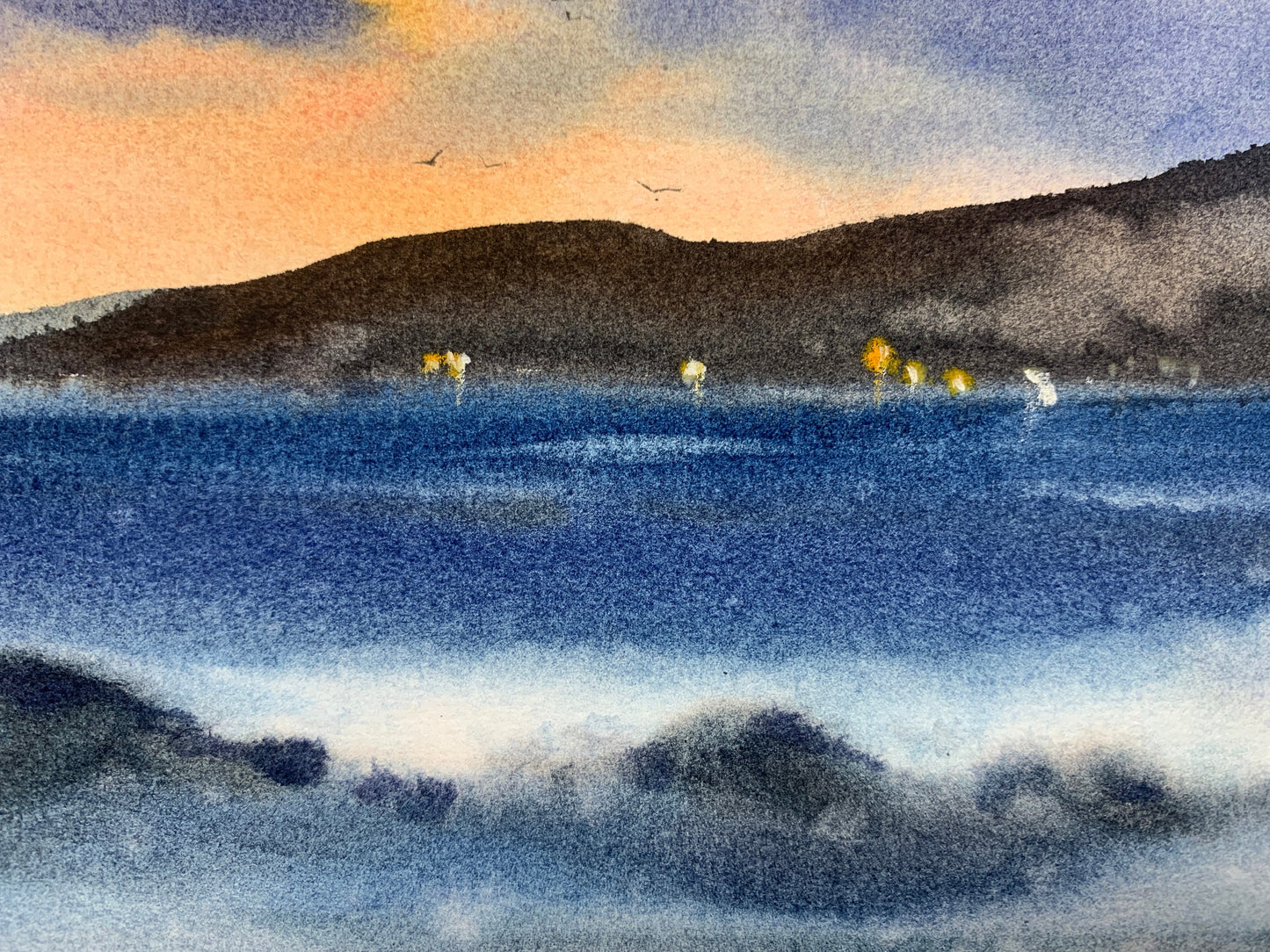 Coastal Painting Watercolor Original, Beach Sea Wave Art, Living room Wall Decor, Unique Gift, Blue, Clouds