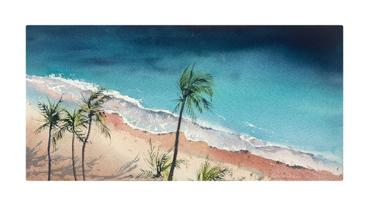 Palm Beach Painting Watercolor Original, Ocean Waves, Coastal Wall Decor, Unique Gift for Her, Blue, Sea Coast