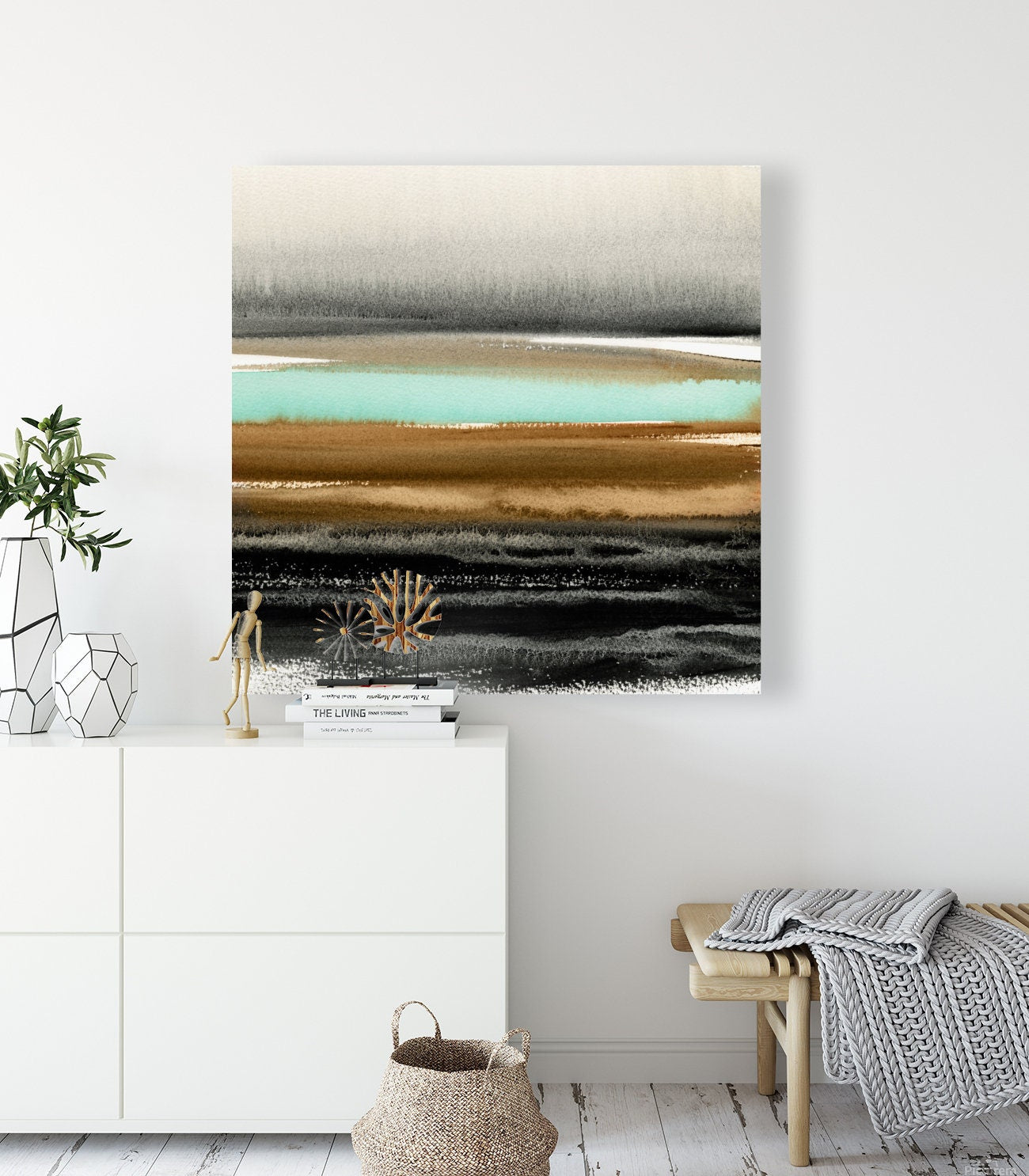 Abstract Square Wall Art, Set Of 2 Prints, Modern Landscape Painting, Print on Canvas, Turquoise, Black, Burnt Orange, Home & Office Decor