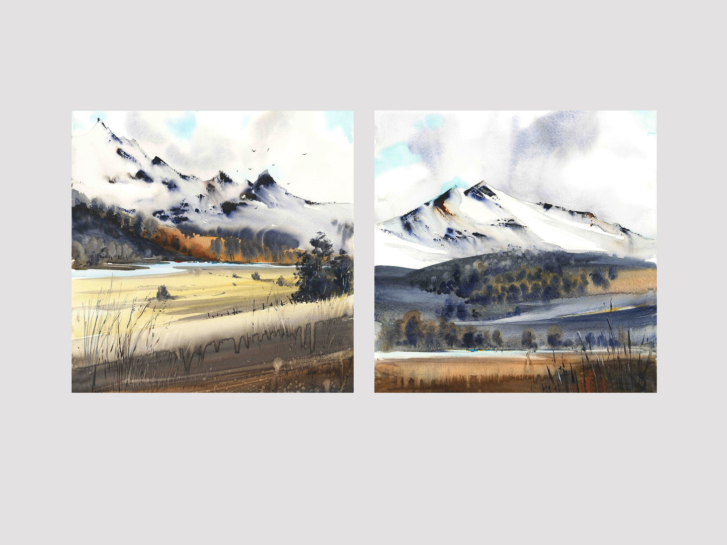 Set Of 2 Nature Square Prints, Autumn Landscape Wall Art, Mountain Lake Painting on Canvas, Burnt Orange, Gray, Giclee Print, Home Decor