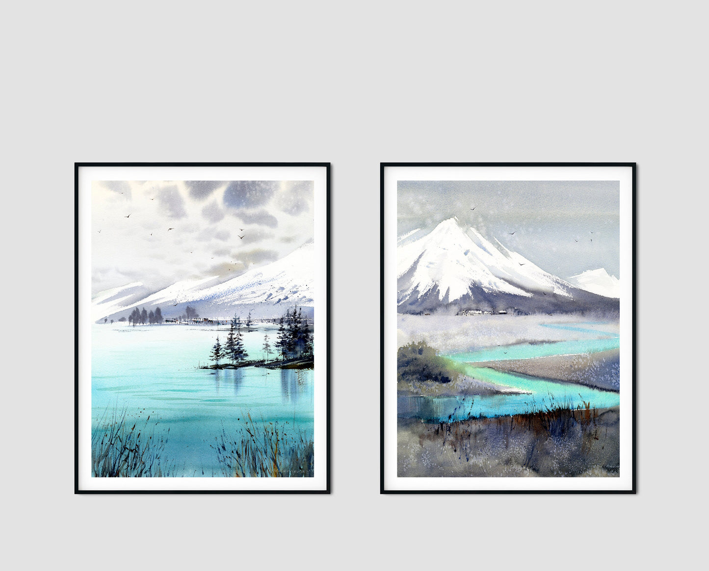 Set of 2 Abstract Mountain Prints, Modern Art, Turquoise, Grey, Landscape Wall Art, Living room decor, Canvas Prints, Gift