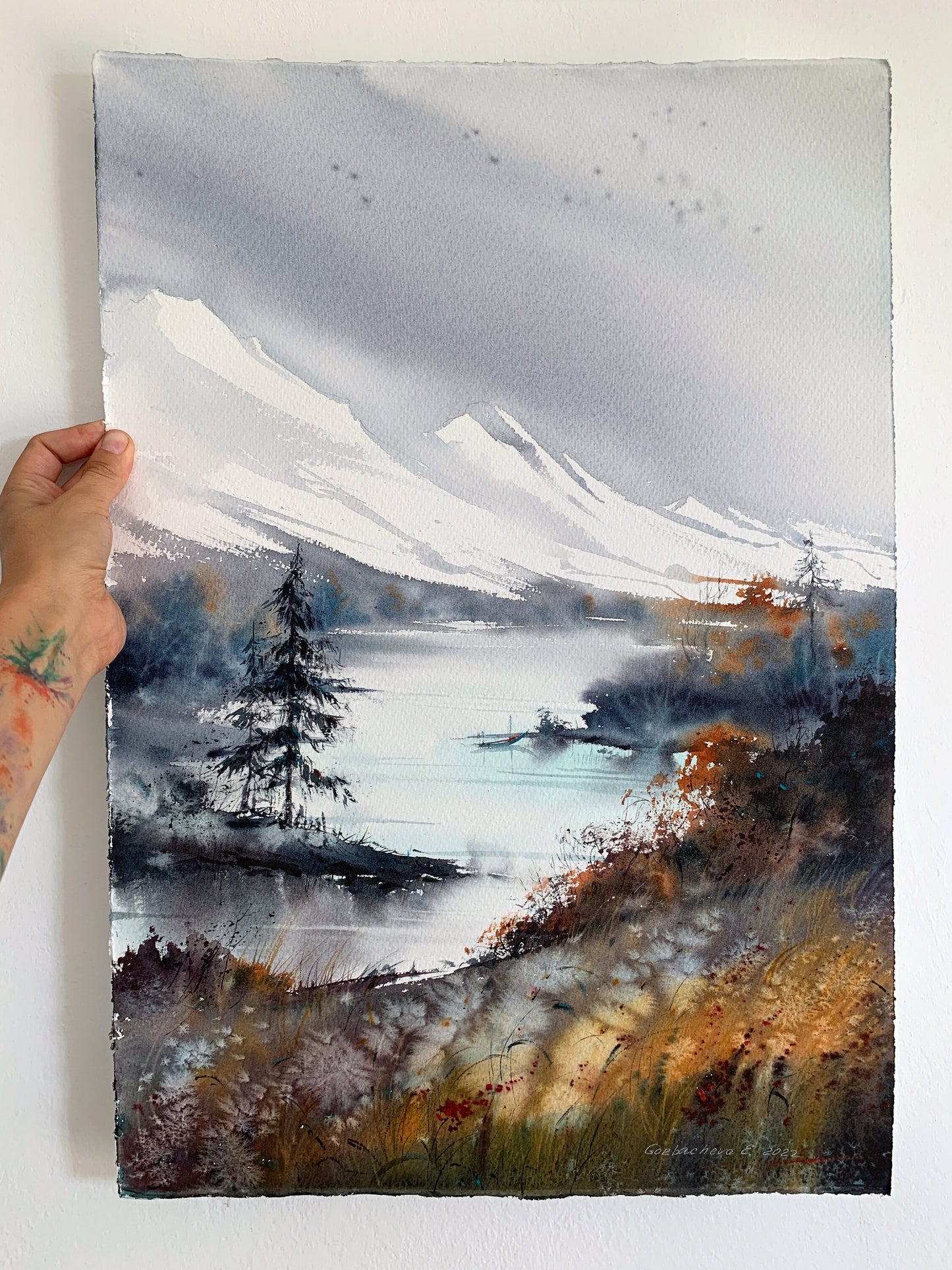 Mountain Lake, Watercolor Painting Original, Pine Tree, , Nature Art, Living room Wall Decor, Burnt Orange, Landscape With Fall Forest